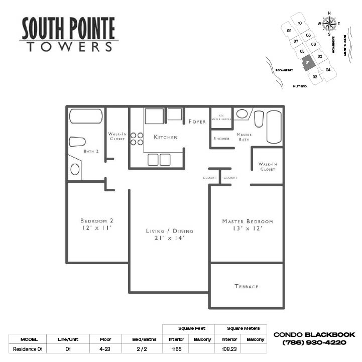 Floor plan for South Pointe Tower South Beach Miami Beach, model Residence 01, line 01, 2 / 2 bedrooms, 1165 sq ft