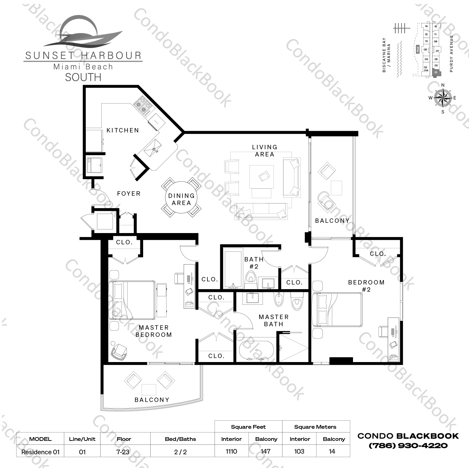 Floor plan for Sunset Harbour South South Beach Miami Beach, model Residence 01, line 01, 2 / 2 bedrooms, 1110 sq ft