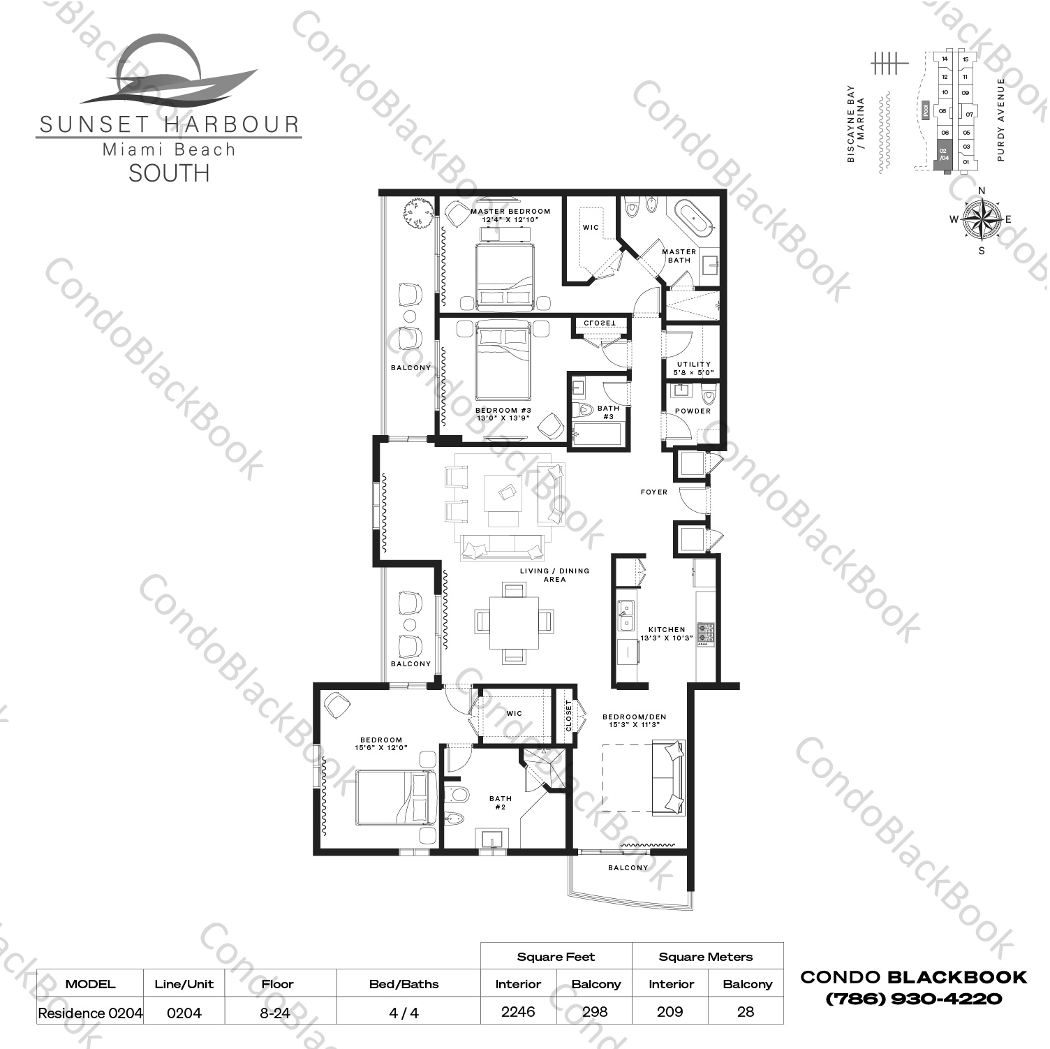 Floor plan for Sunset Harbour South South Beach Miami Beach, model Residence 0204, line 0204, 4 / 4 bedrooms, 2246 sq ft