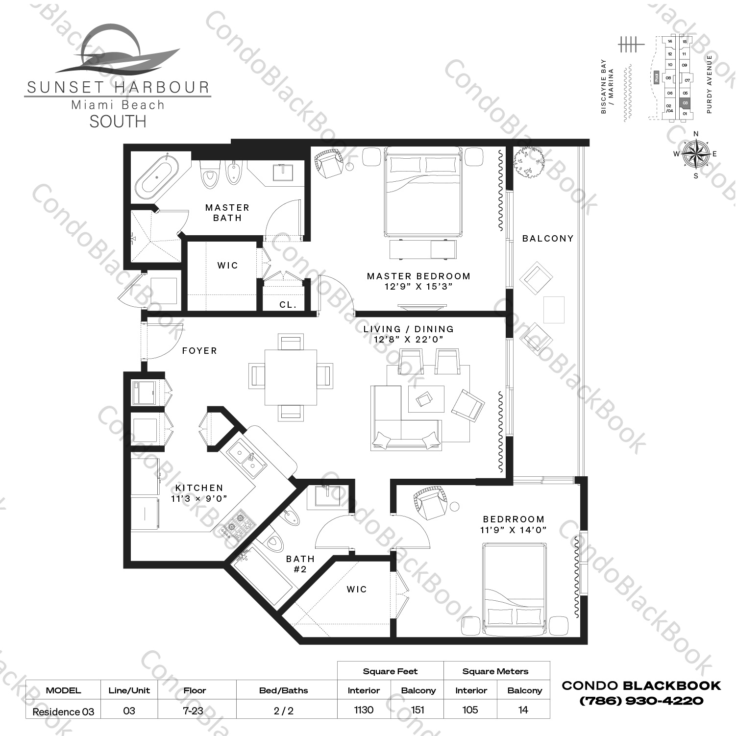 Floor plan for Sunset Harbour South South Beach Miami Beach, model Residence 03, line 03, 2 / 2 bedrooms, 1130 sq ft