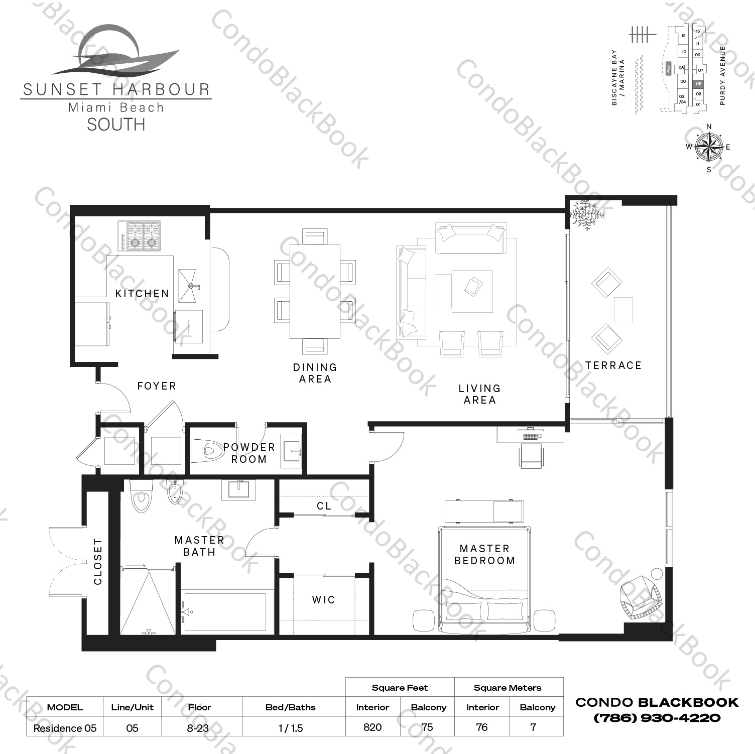 Floor plan for Sunset Harbour South South Beach Miami Beach, model Residence 05, line 05, 1 / 1.5 bedrooms, 820 sq ft