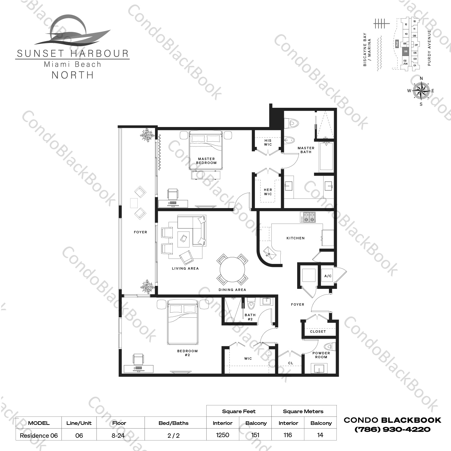 Floor plan for Sunset Harbour South South Beach Miami Beach, model Residence 06, line 06, 2 / 2 bedrooms, 1250 sq ft