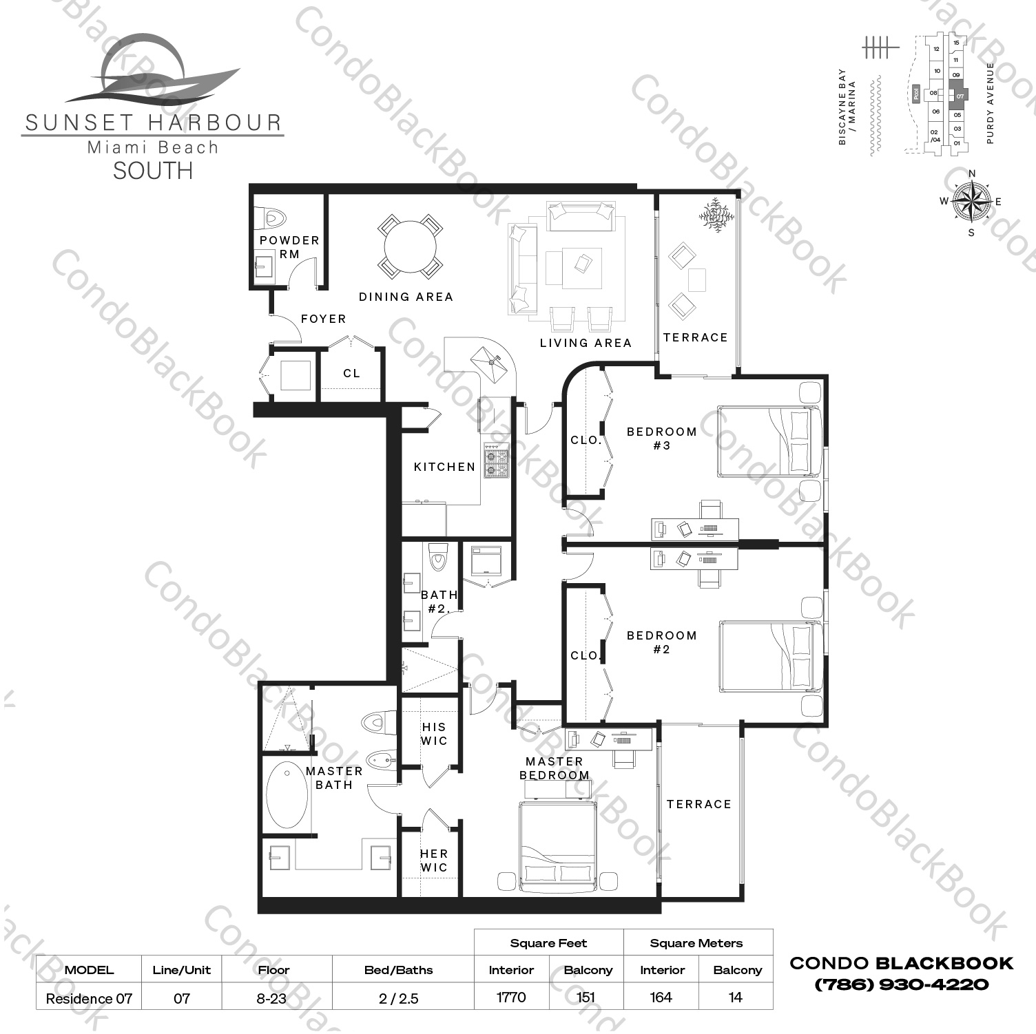 Floor plan for Sunset Harbour South South Beach Miami Beach, model Residence 07, line 07, 2 / 2.5 bedrooms, 1770 sq ft