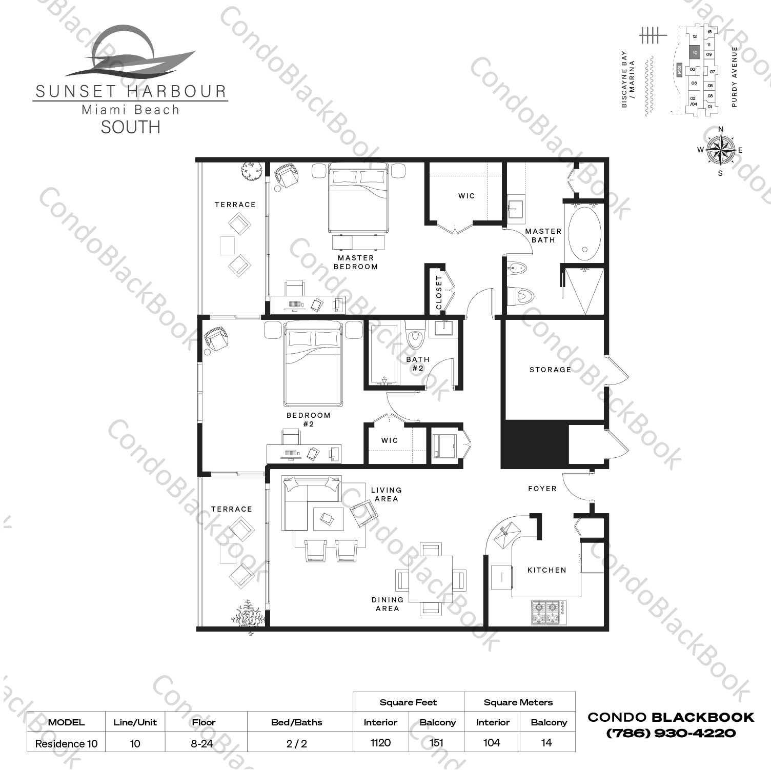 Floor plan for Sunset Harbour South South Beach Miami Beach, model Residence 10, line 10, 2 / 2 bedrooms, 1120 sq ft