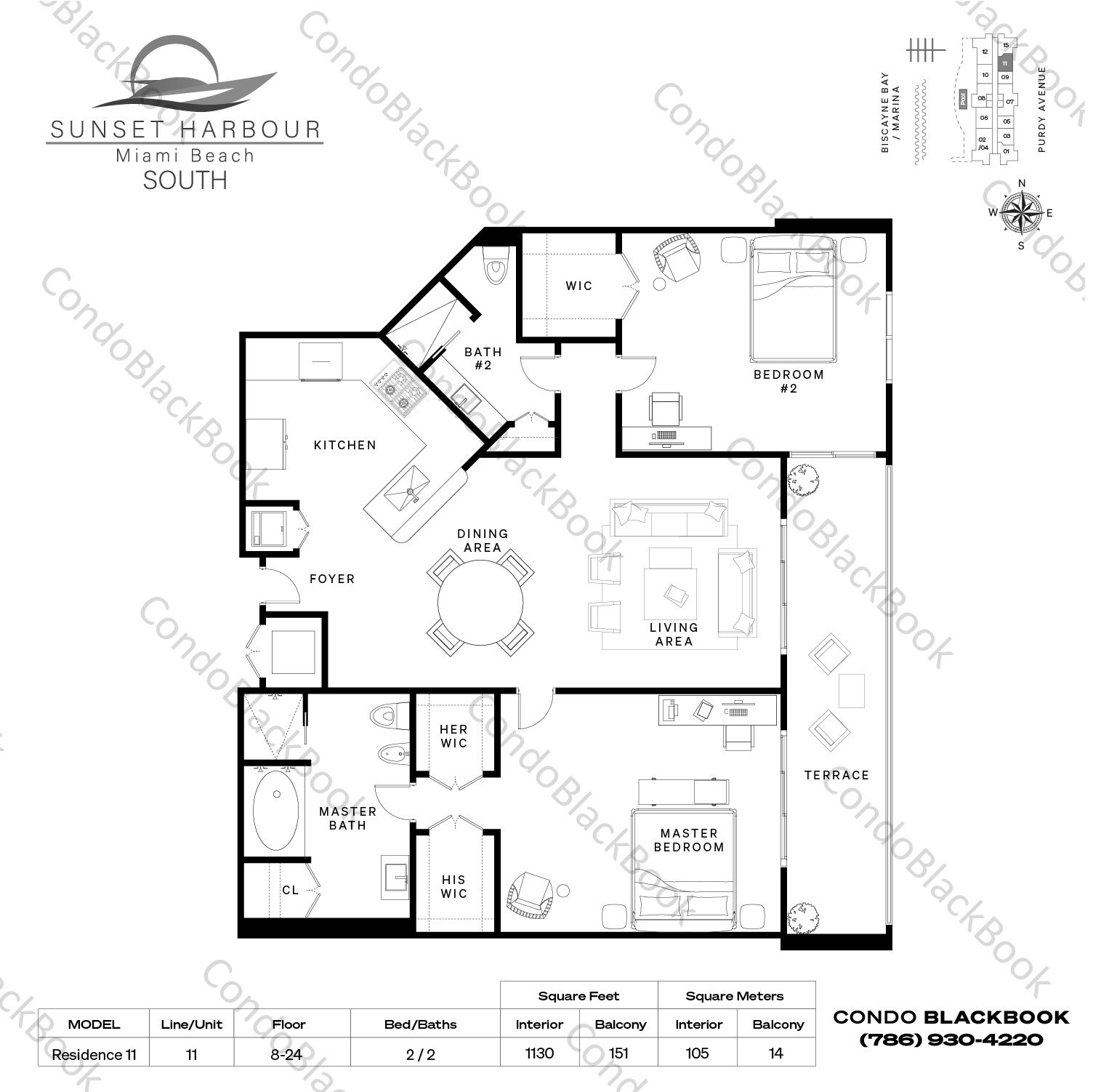 Floor plan for Sunset Harbour South South Beach Miami Beach, model Residence 11, line 11, 2 / 2 bedrooms, 1130 sq ft