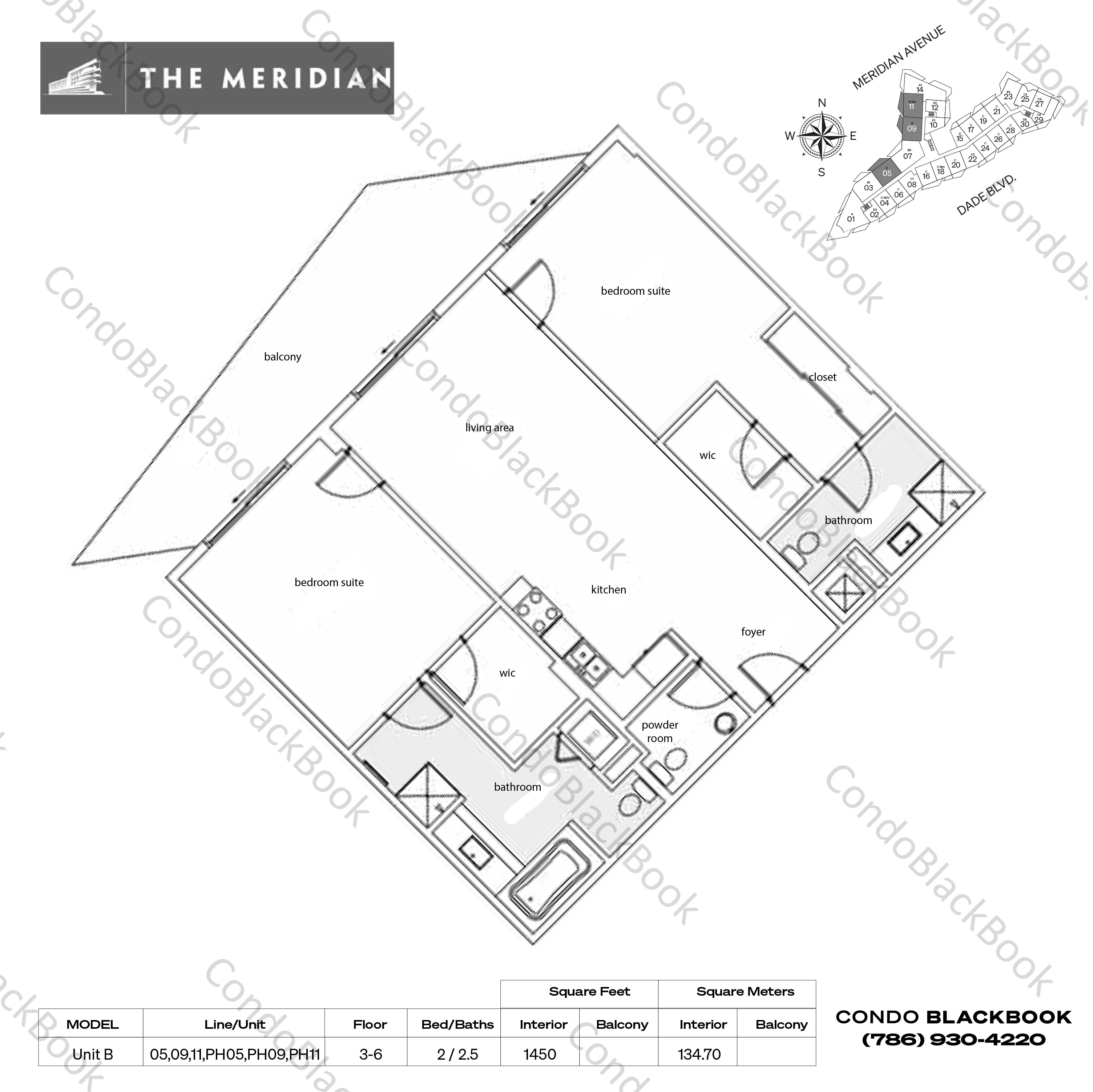 Floor plan for The Meridian Lofts South Beach Miami Beach, model Unit B, line 05,09,11,PH05,PH09,PH11, 2 / 2.5 bedrooms, 1450 sq ft