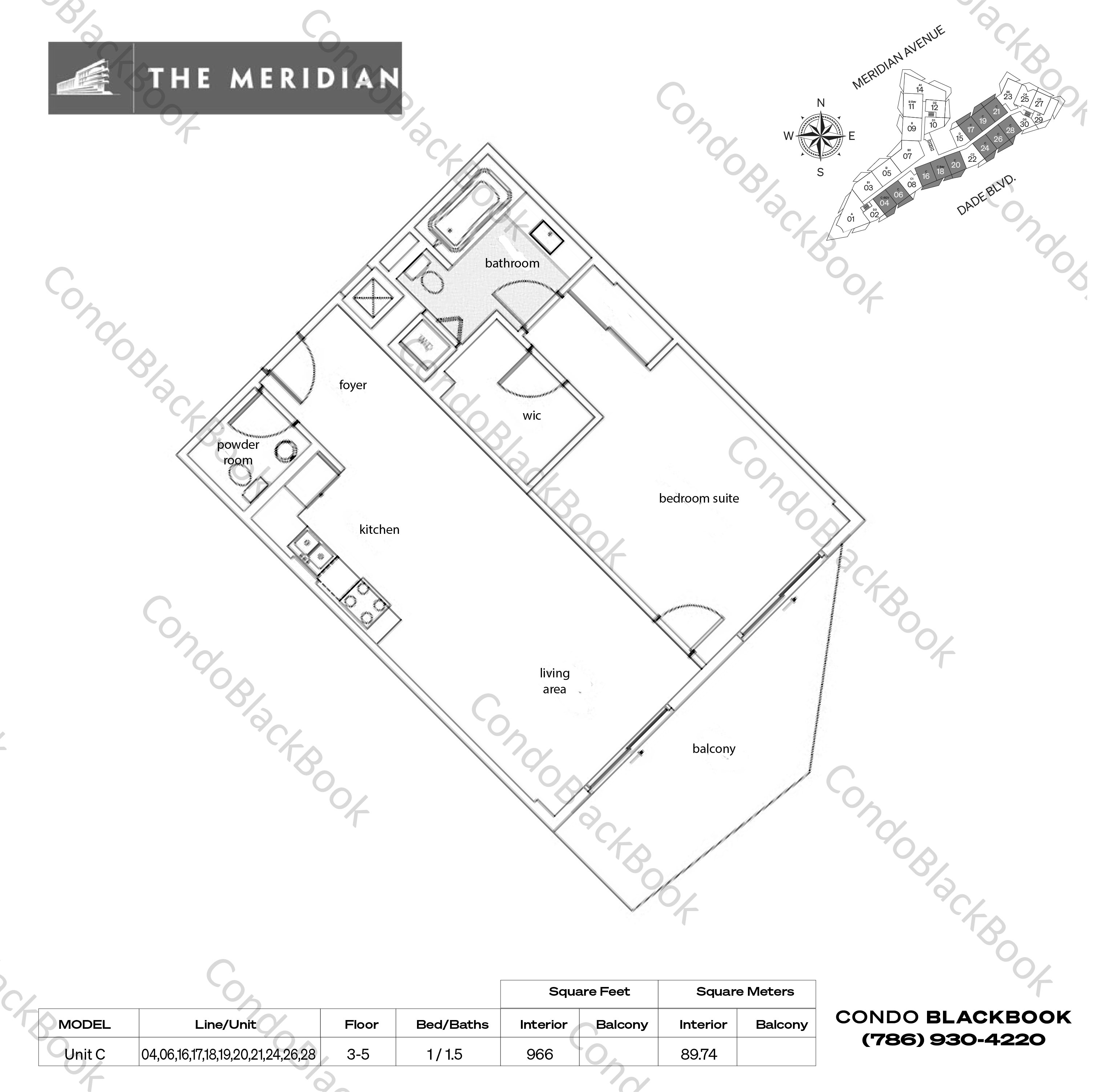 Floor plan for The Meridian Lofts South Beach Miami Beach, model Unit C, line 04,06,16,17,18,19,20,21,24,26,28, 1 / 1.5 bedrooms, 966 sq ft