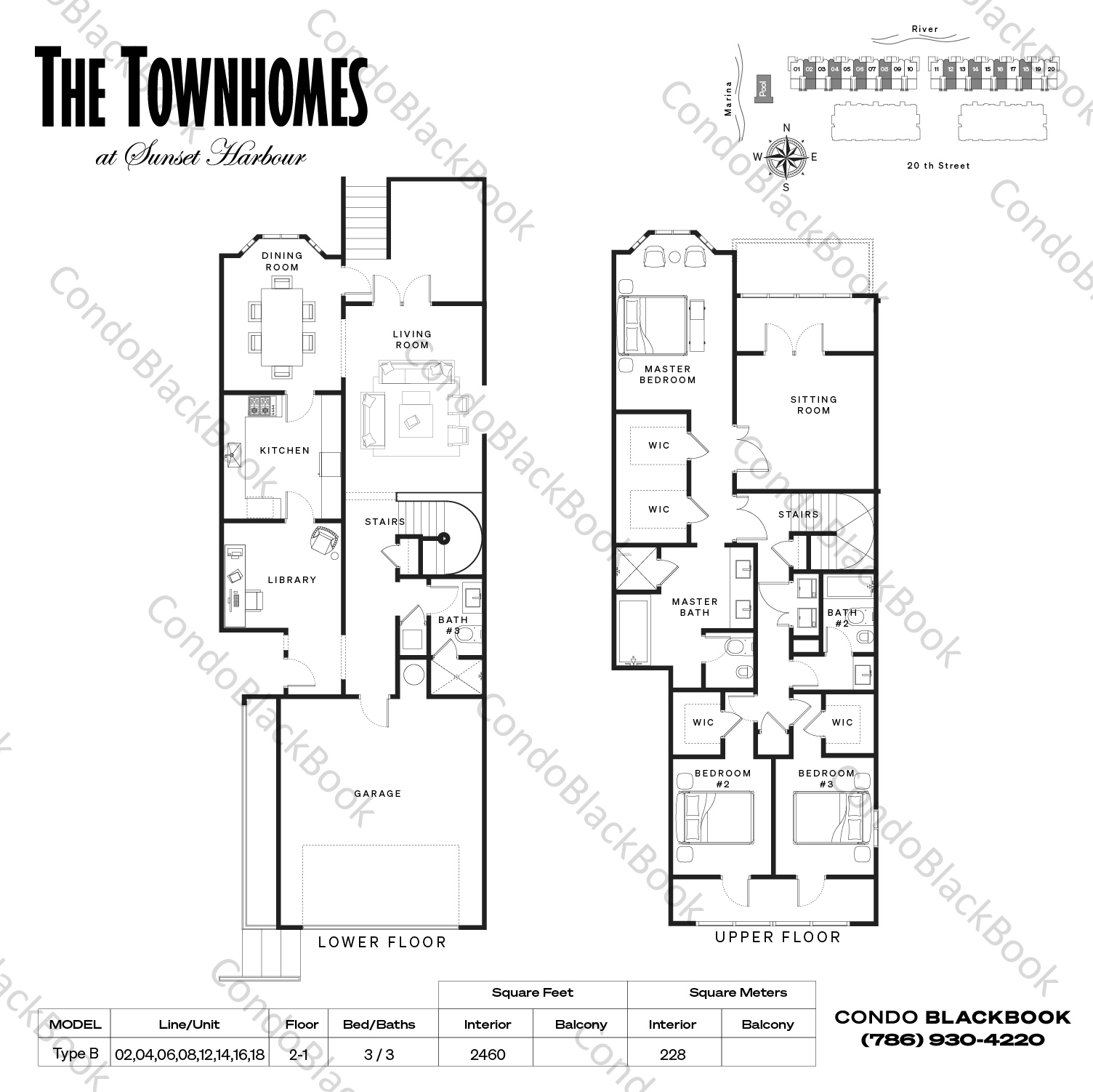 Floor plan for Townhomes at Sunset Harbour South Beach Miami Beach, model Type B, line 02,04,06,08,12,14,16,18, 3 / 3 bedrooms, 2460 sq ft