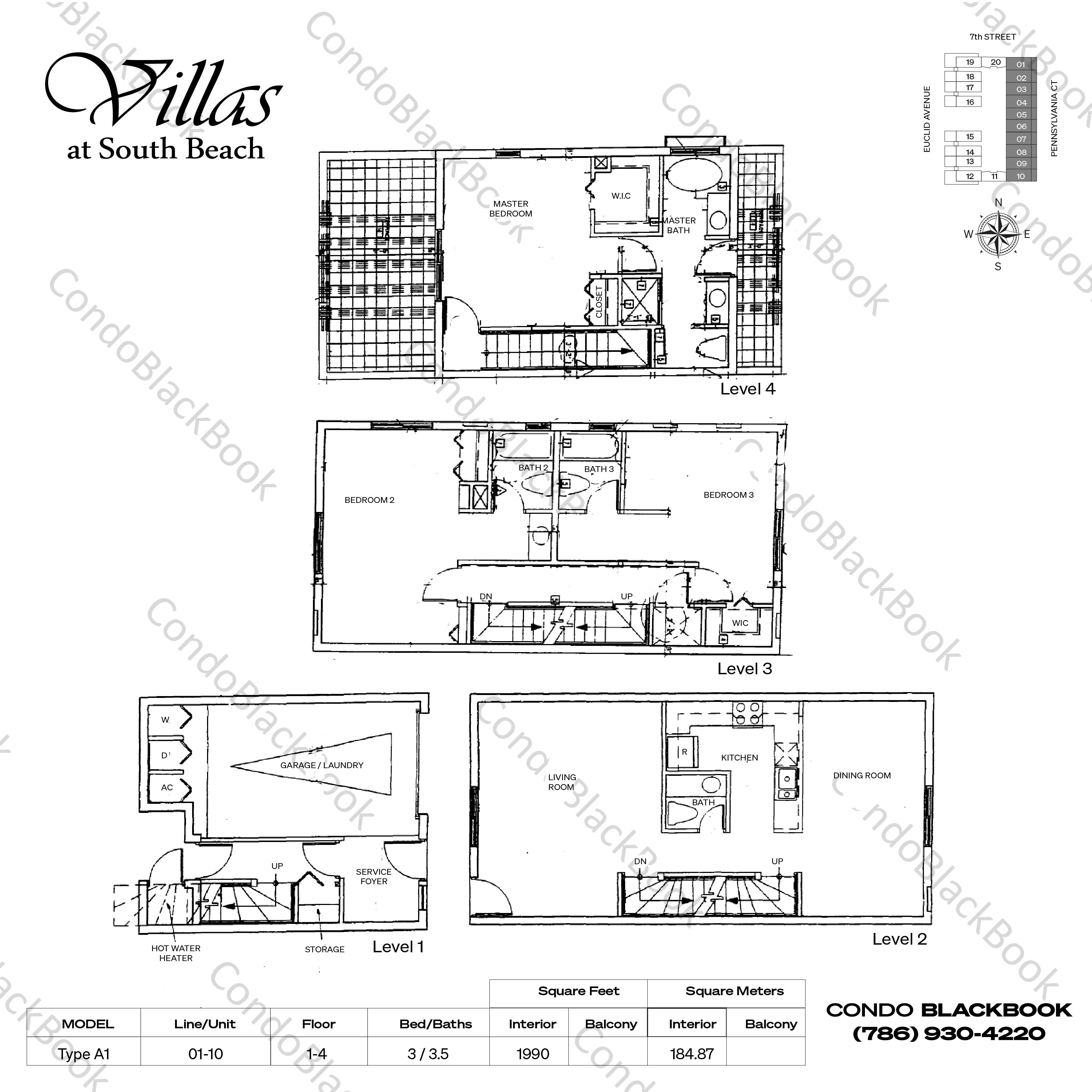 Floor plan for Villas at South Beach South Beach Miami Beach, model Type A, line 01-10, 3 / 3.5 bedrooms, 1990 sq ft