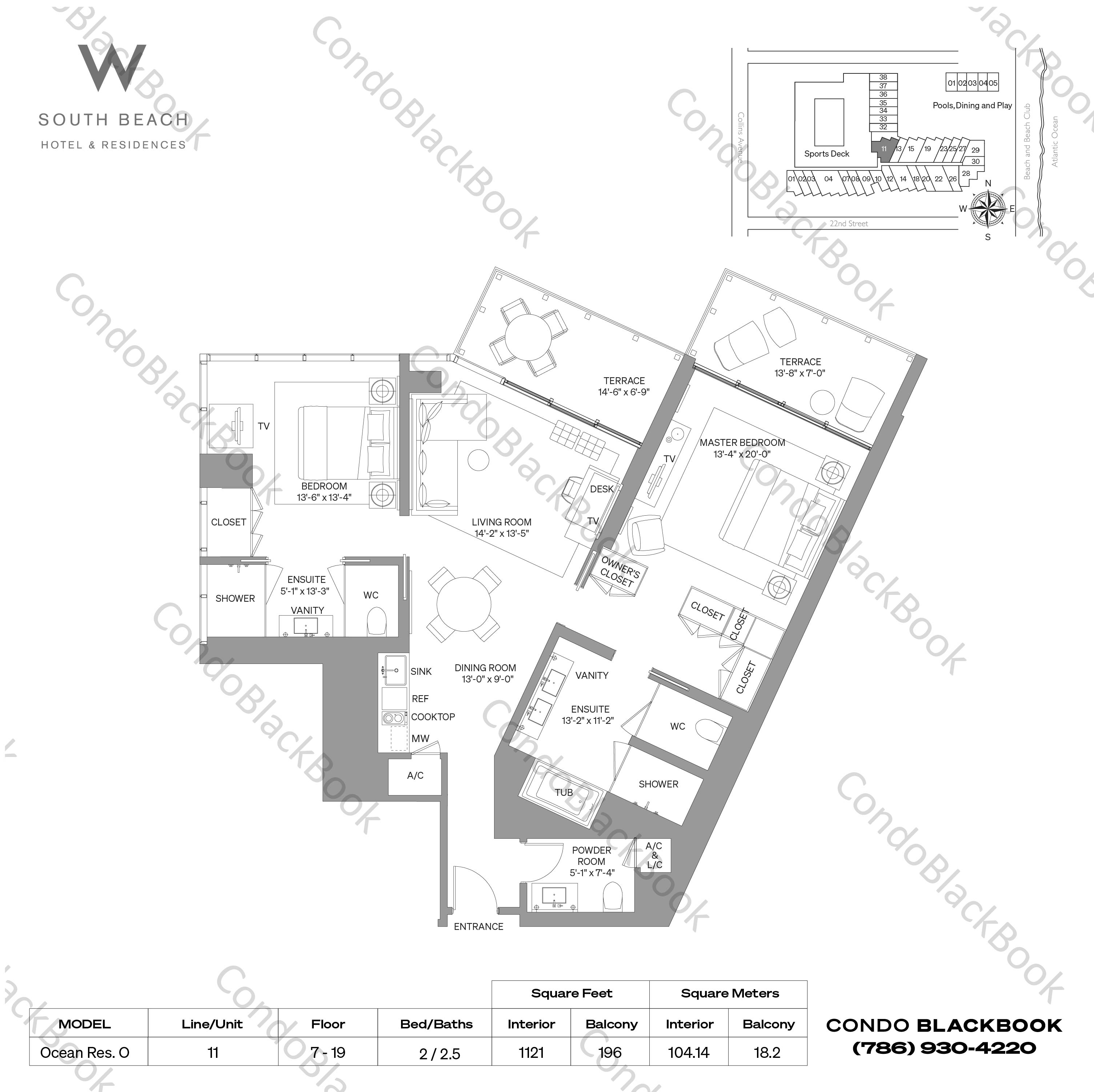 Floor plan for W South Beach South Beach Miami Beach, model Ocean Res. O, line 11, 2 / 2.5 bedrooms, 1121 sq ft