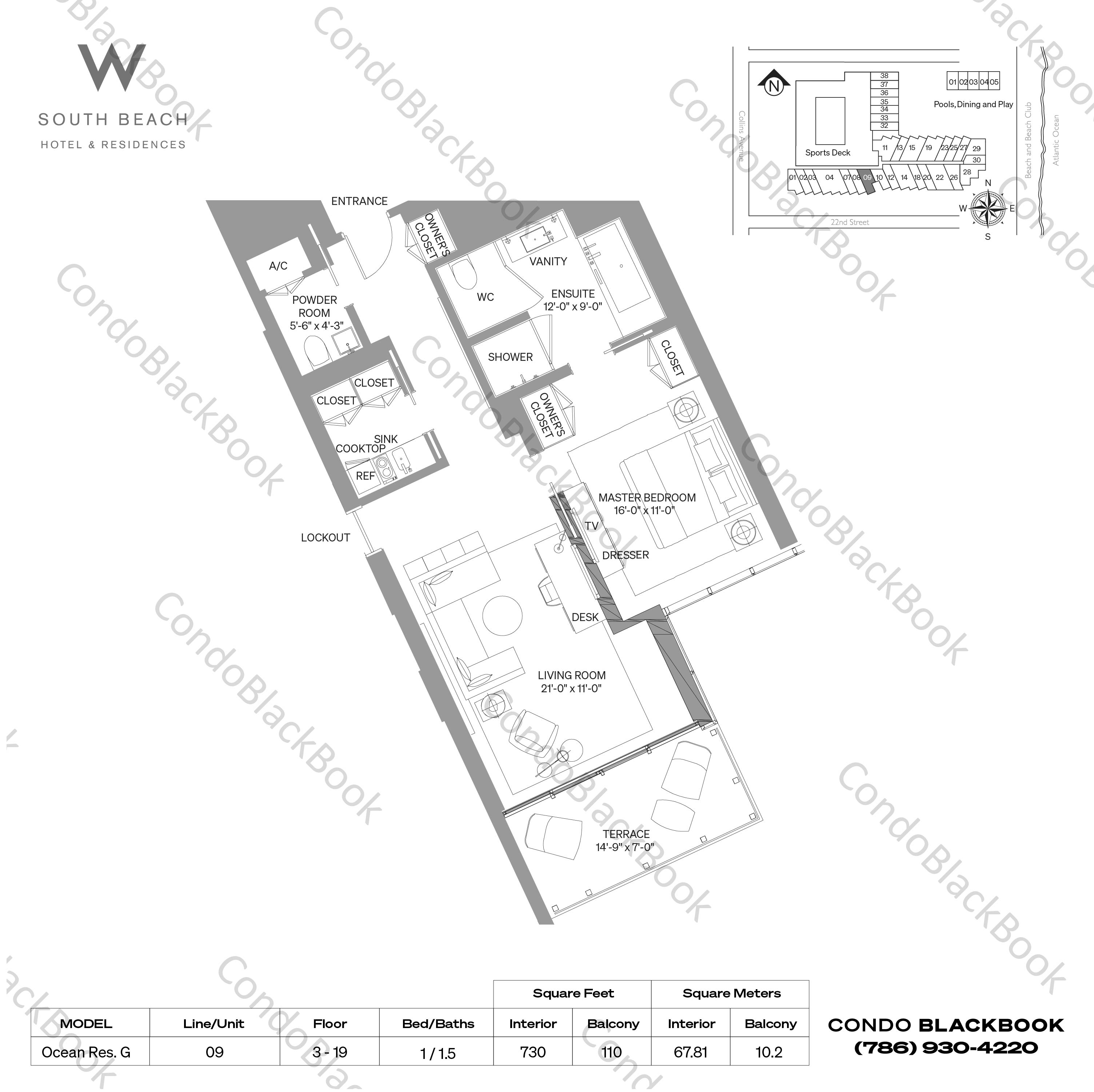 Floor plan for W South Beach South Beach Miami Beach, model Ocean Res. G, line 09, 1 / 1.5 bedrooms, 730 sq ft