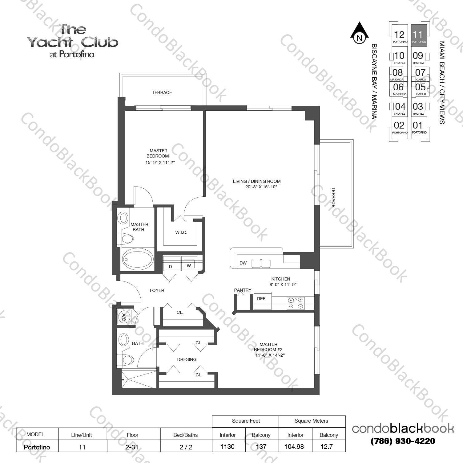 Floor plan for Yacht Club at Portofino South Beach Miami Beach, model Portofino, line 11, 2 / 2 bedrooms, 1130 sq ft