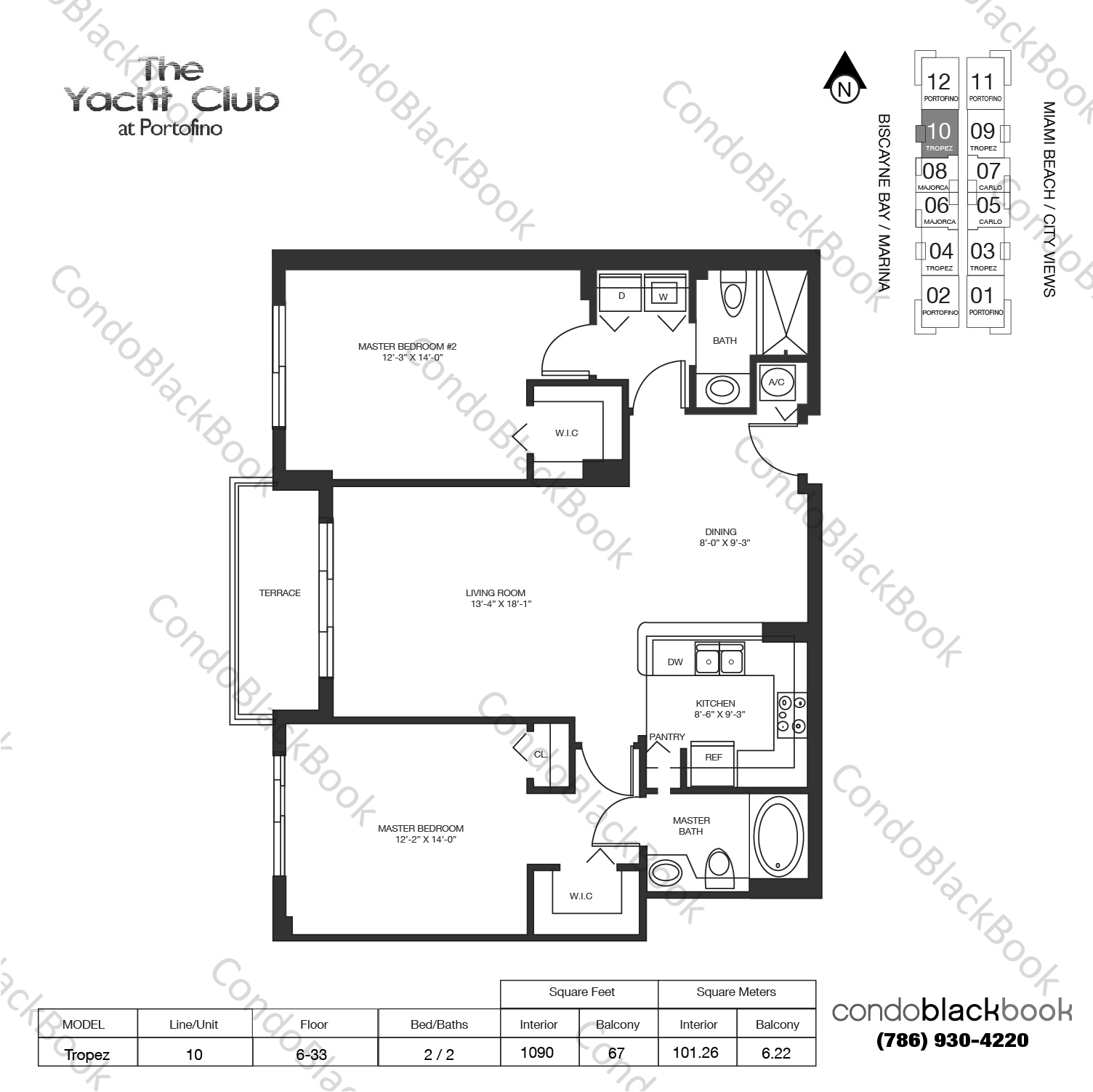 Floor plan for Yacht Club at Portofino South Beach Miami Beach, model Tropez, line 10, 2 / 2 bedrooms, 1090 sq ft