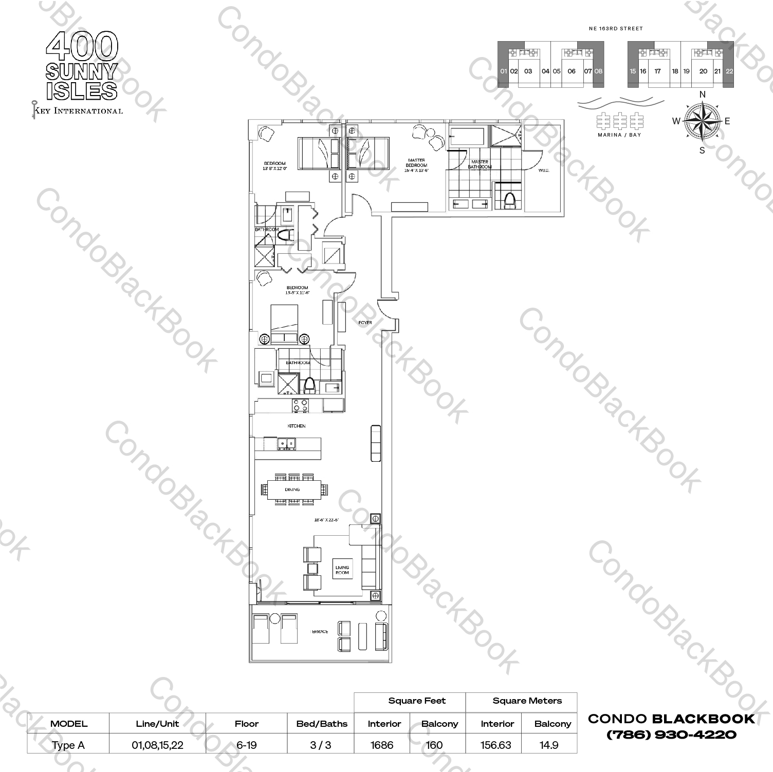 Floor plan for 400 Sunny Isles Sunny Isles Beach, model Type A, line 01,08,15,22, 3 / 3 bedrooms, 1668 sq ft