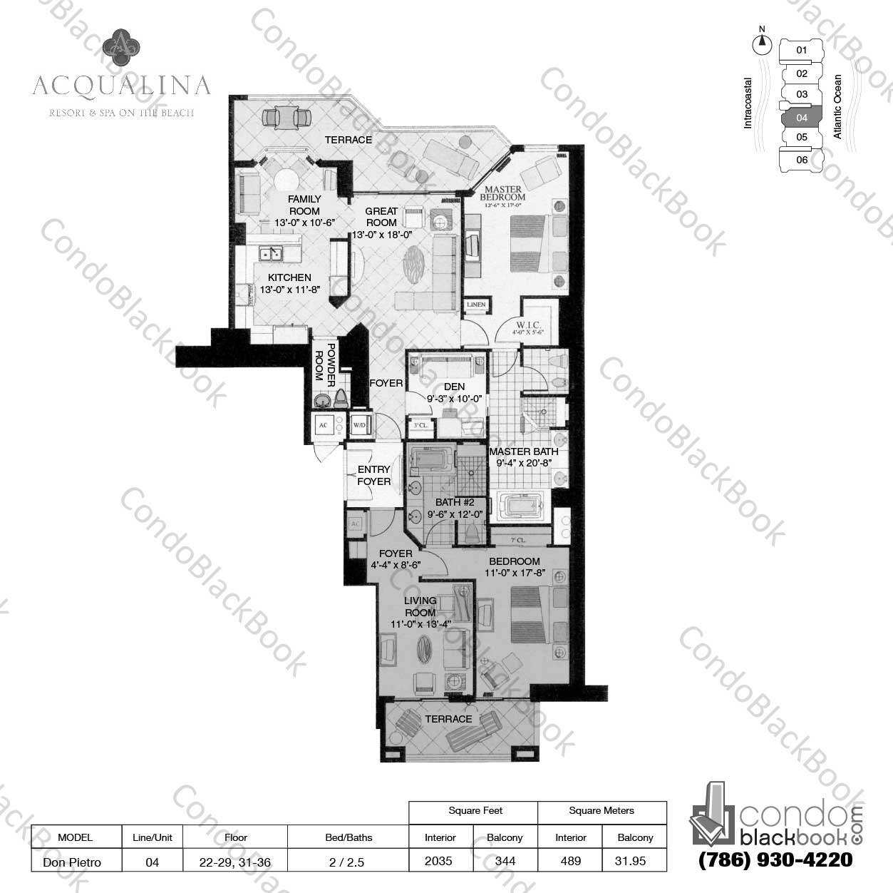 Floor plan for Acqualina Sunny Isles Beach, model Don Pietro, line 04, 2 / 2.5 bedrooms, 2035 sq ft
