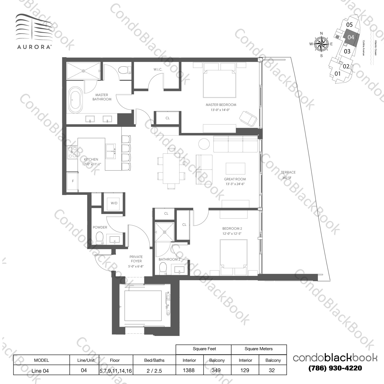 Floor plan for Aurora Sunny Isles Beach, model Line 04, line 04, 2 / 2.5 bedrooms, 1388 sq ft