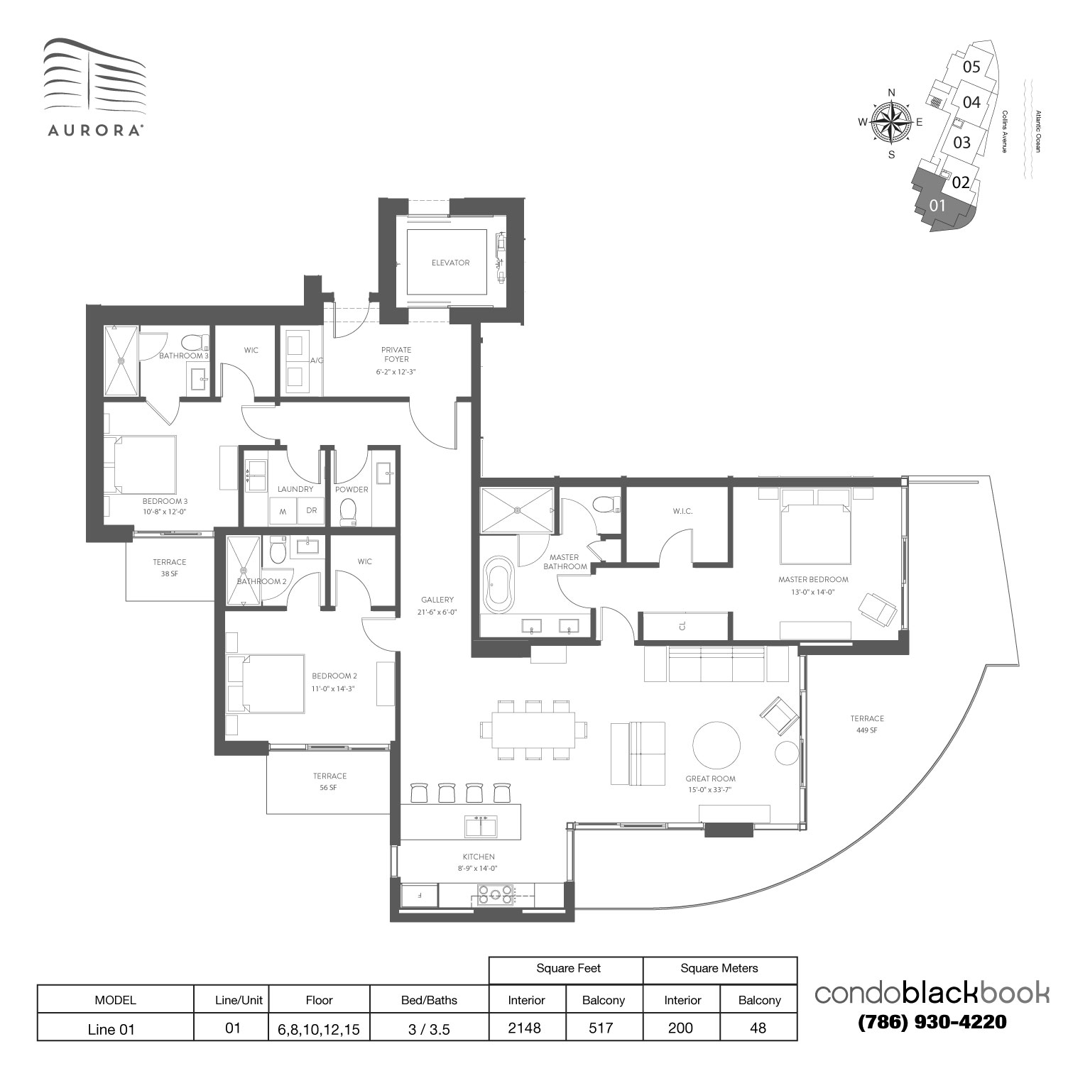 Floor plan for Aurora Sunny Isles Beach, model Line 01, line 01, 3 / 3.5 bedrooms, 2148 sq ft