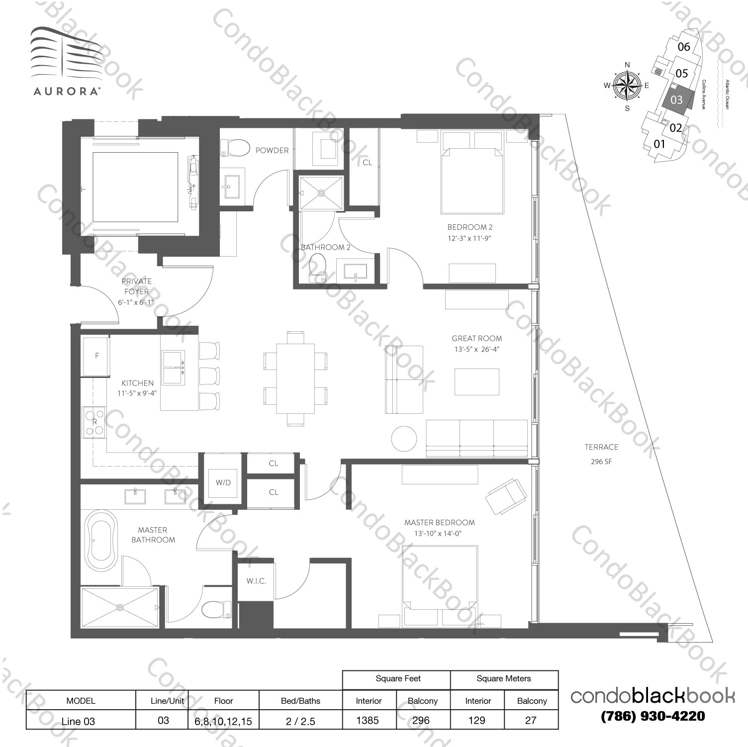 Floor plan for Aurora Sunny Isles Beach, model Line 03, line 03, 2 / 2.5 bedrooms, 1385 sq ft