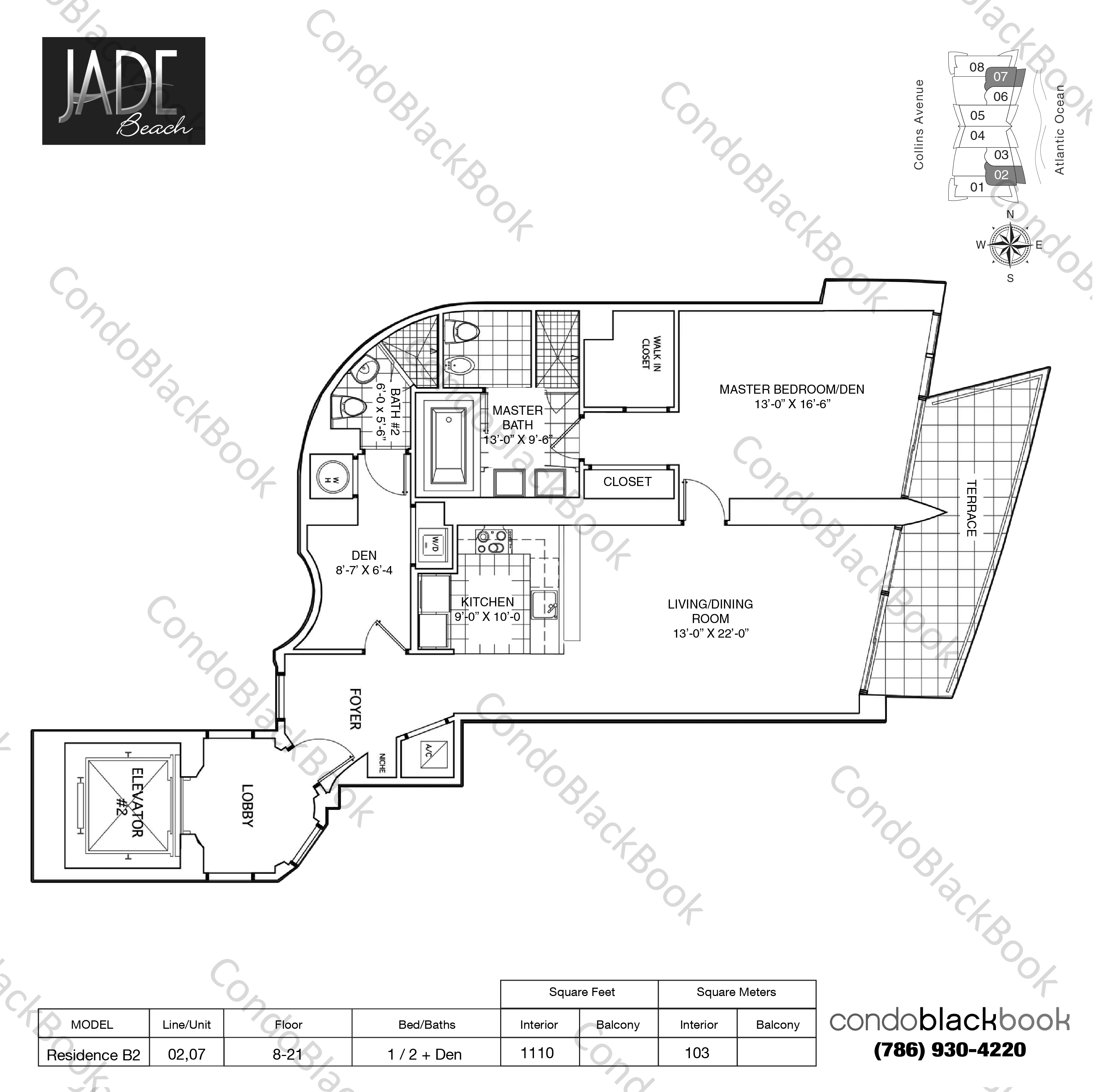 Floor plan for Jade Beach Sunny Isles Beach, model Residence B2 , line 02,07, 1 / 2 + Den bedrooms, 1110 sq ft