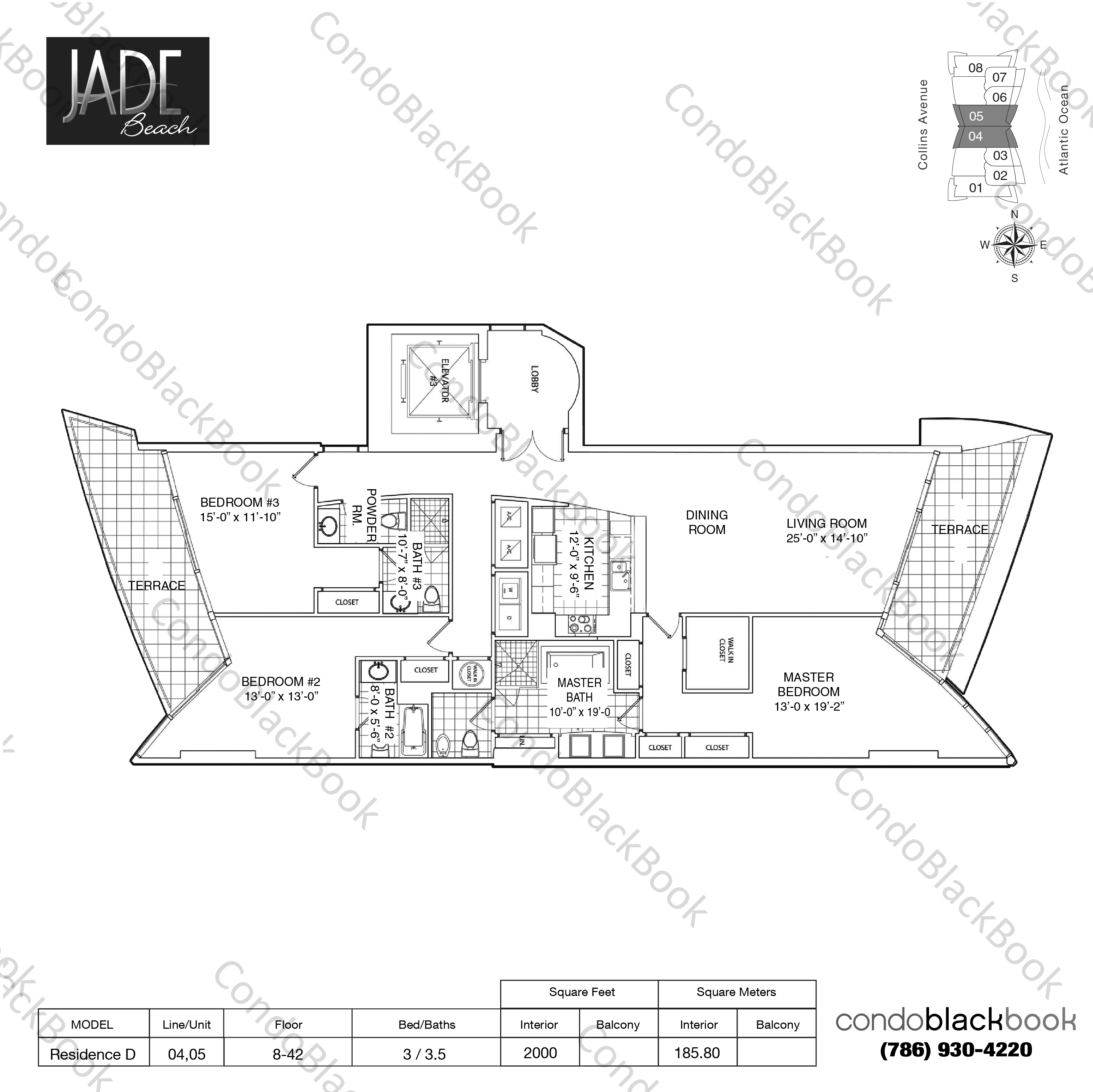 Floor plan for Jade Beach Sunny Isles Beach, model Residence D, line 04,05, 3 / 3.5 bedrooms, 2000 sq ft