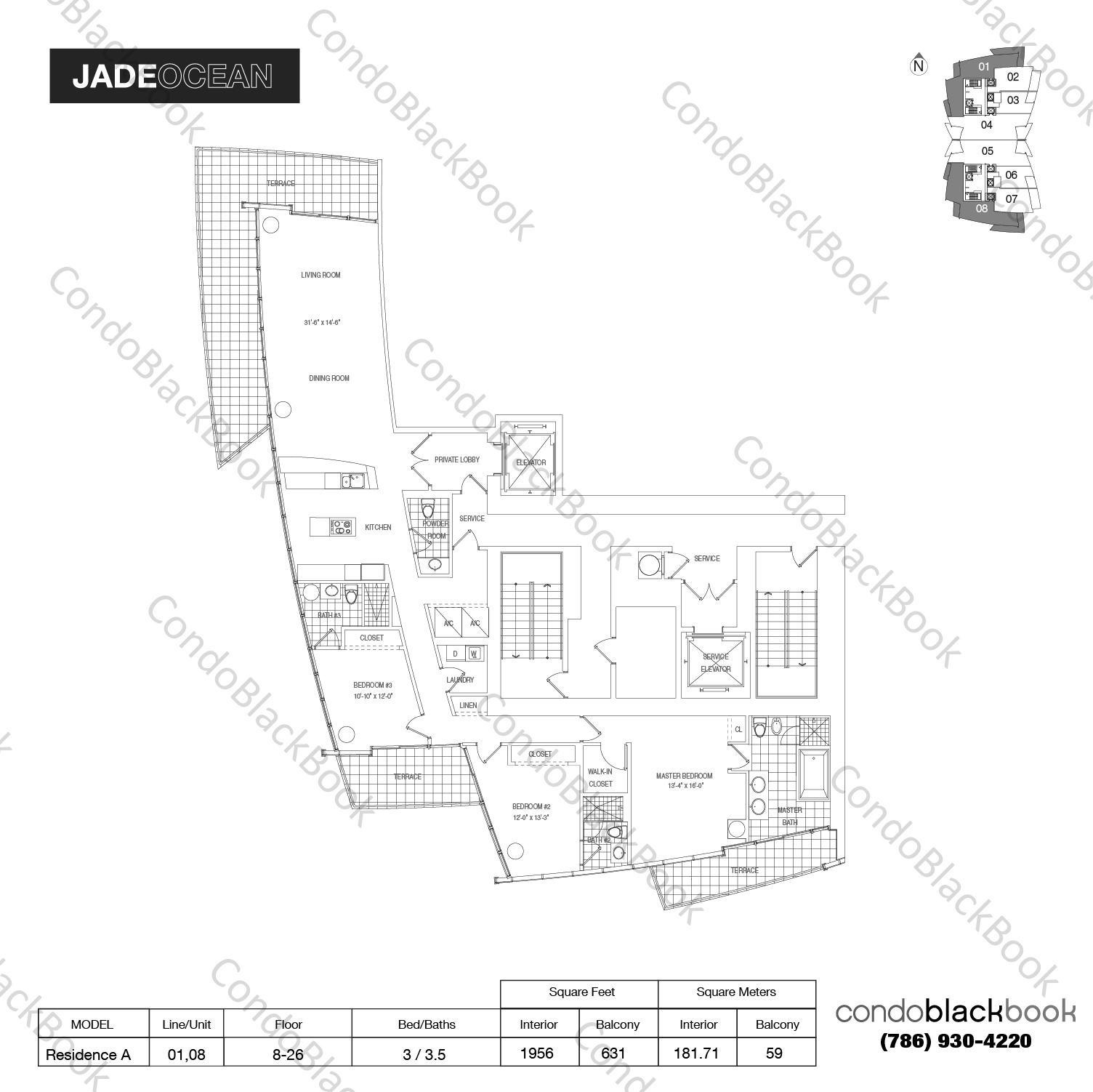 Floor plan for Jade Ocean Sunny Isles Beach, model Residence A, line 01,08, 3 / 3.5 bedrooms, 1956 sq ft