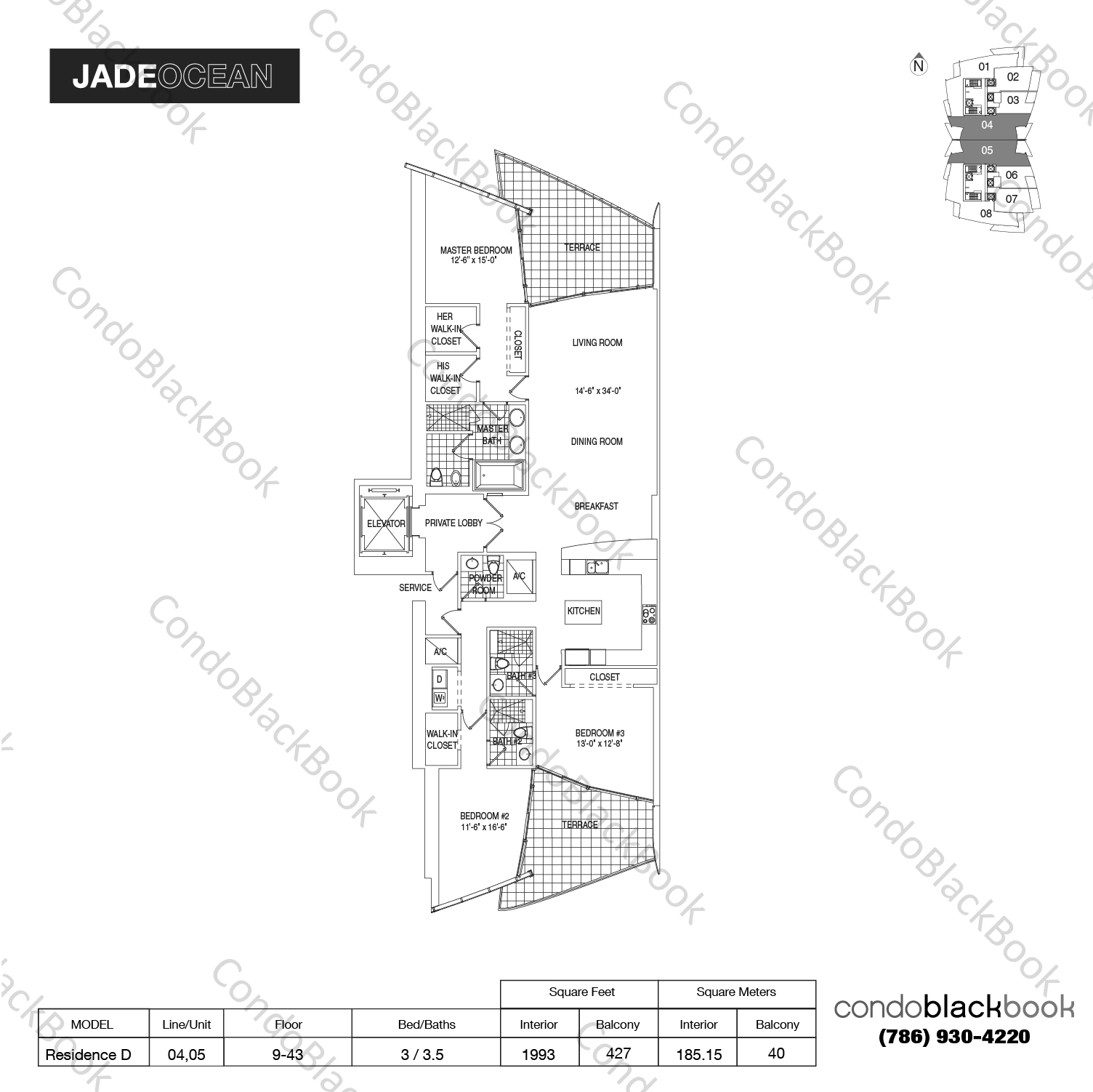 Floor plan for Jade Ocean Sunny Isles Beach, model Residence D, line 04,05, 3 / 3.5 bedrooms, 1993 sq ft
