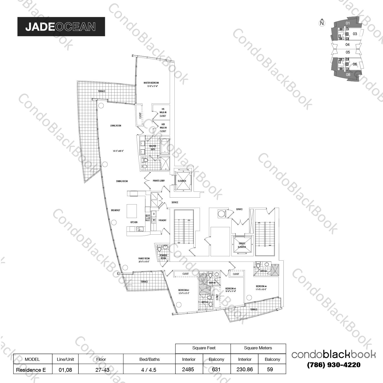 Floor plan for Jade Ocean Sunny Isles Beach, model Residence E, line 01,08, 4 / 4.5 bedrooms, 2485 sq ft