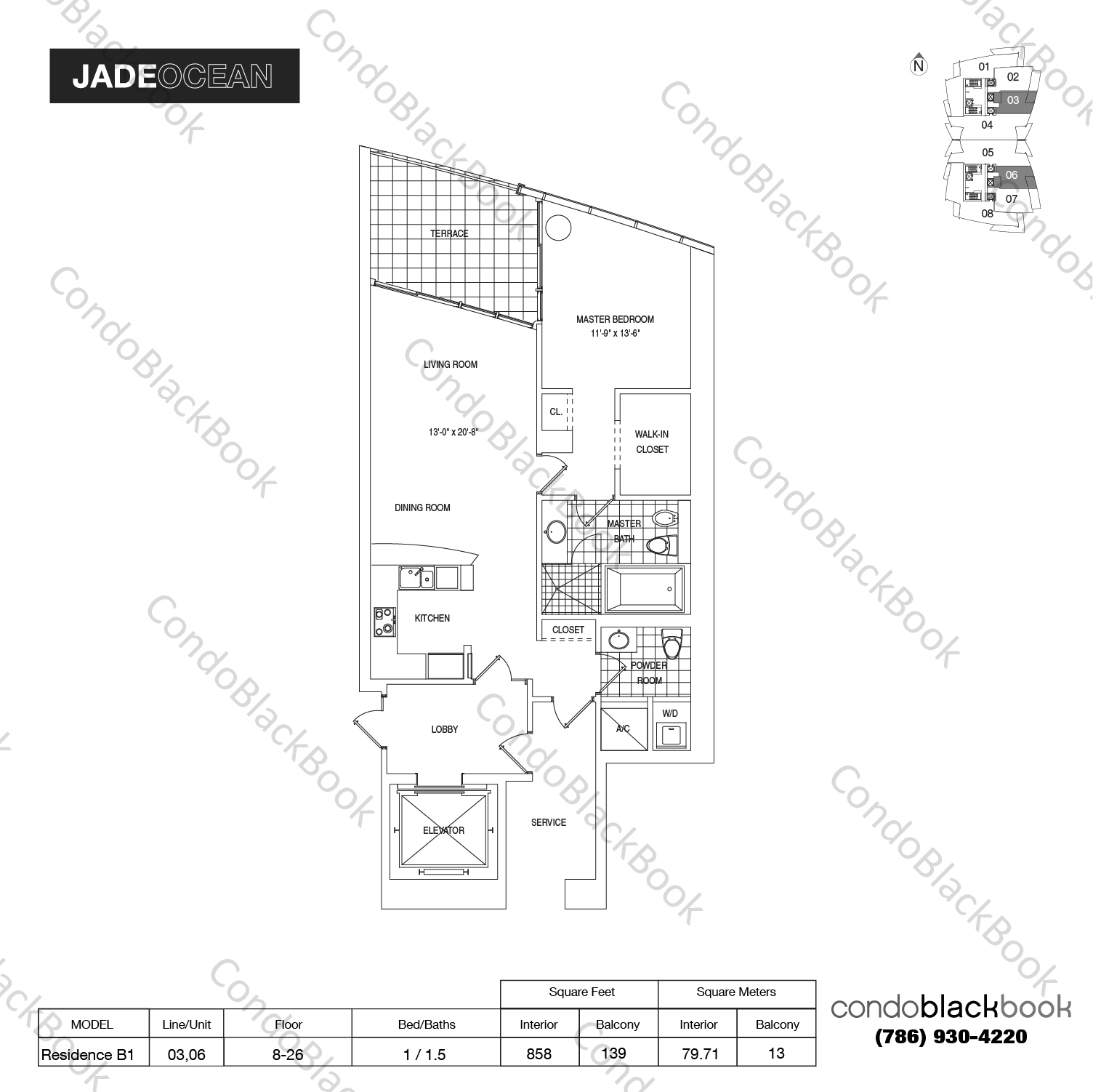 Floor plan for Jade Ocean Sunny Isles Beach, model Residence B1, line 03,06, 1 / 1.5 bedrooms, 858 sq ft