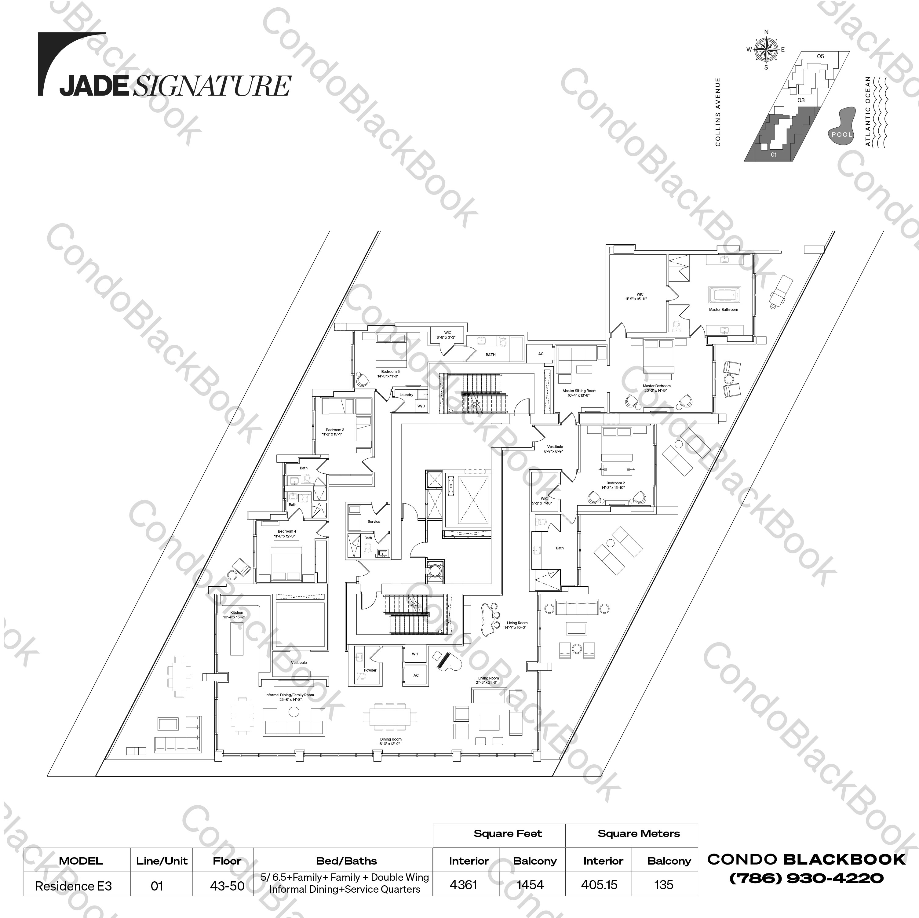 Floor plan for Jade Signature Sunny Isles Beach, model Residence E3, line 01, 5 / 6.5 bedrooms, 4361 sq ft