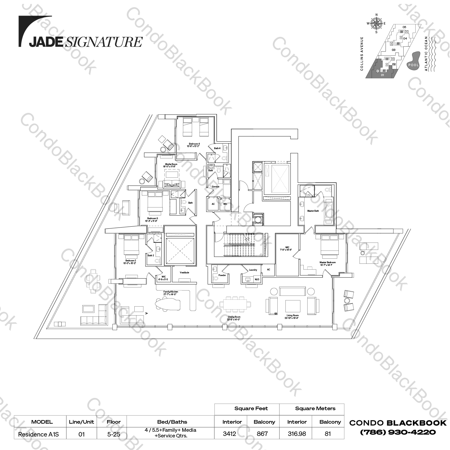Floor plan for Jade Signature Sunny Isles Beach, model Residence A1S, line 01, 4 / 5.5 bedrooms, 3412 sq ft