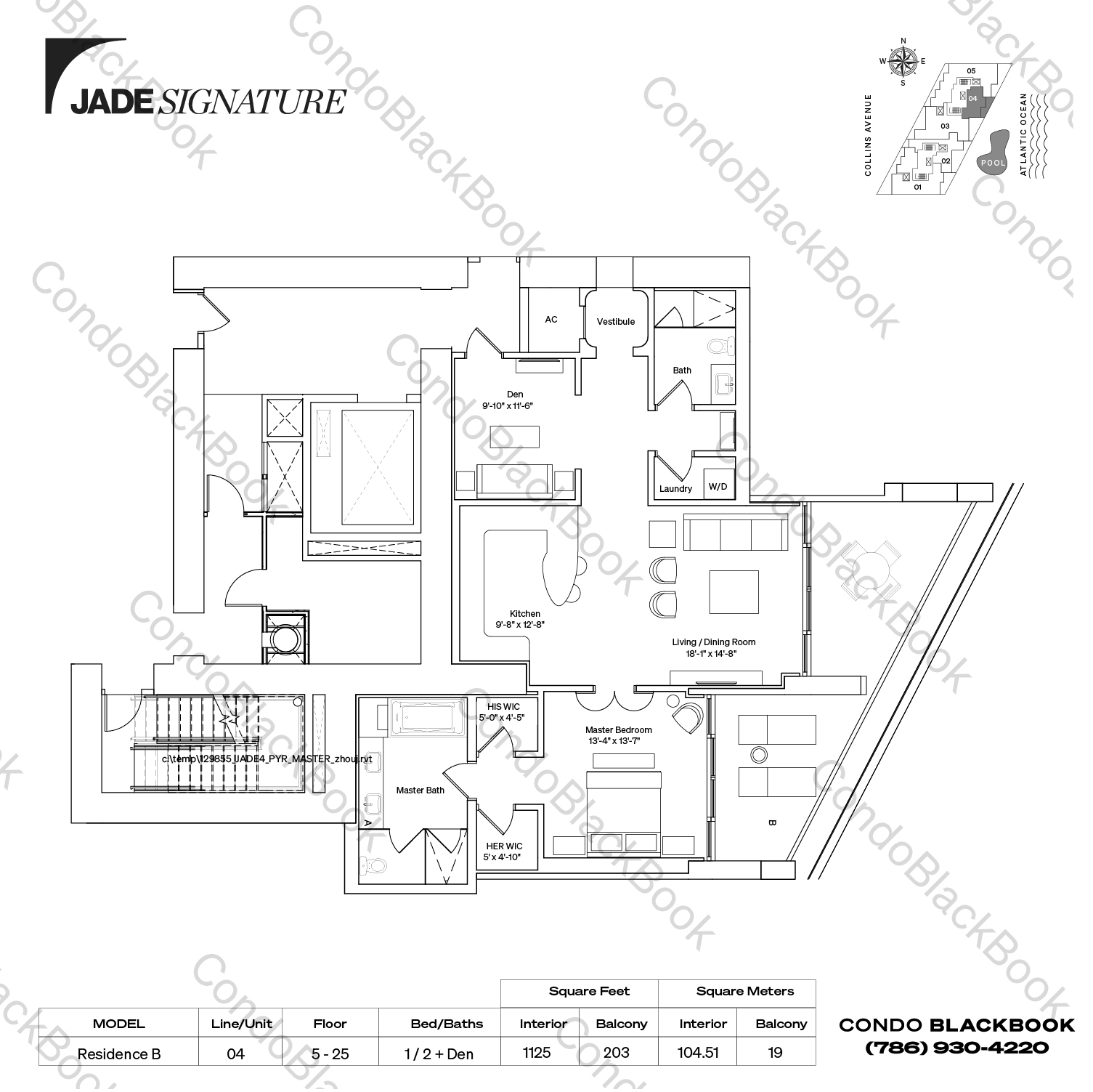Floor plan for Jade Signature Sunny Isles Beach, model Residence B, line 04, 1 / 2 + Den bedrooms, 1125 sq ft