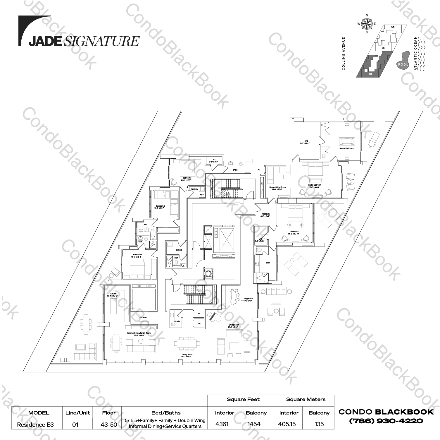 Floor plan for Jade Signature Sunny Isles Beach, model Residence E3, line 01, 5 / 6.5 bedrooms, 4361 sq ft