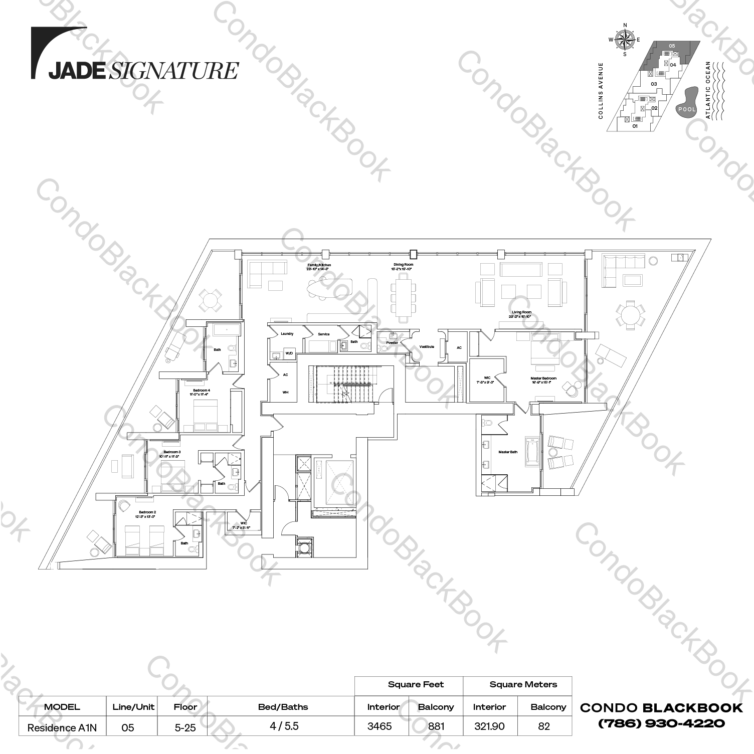 Floor plan for Jade Signature Sunny Isles Beach, model Residence A1N, line 05, 4 / 5.5 bedrooms, 3465 sq ft