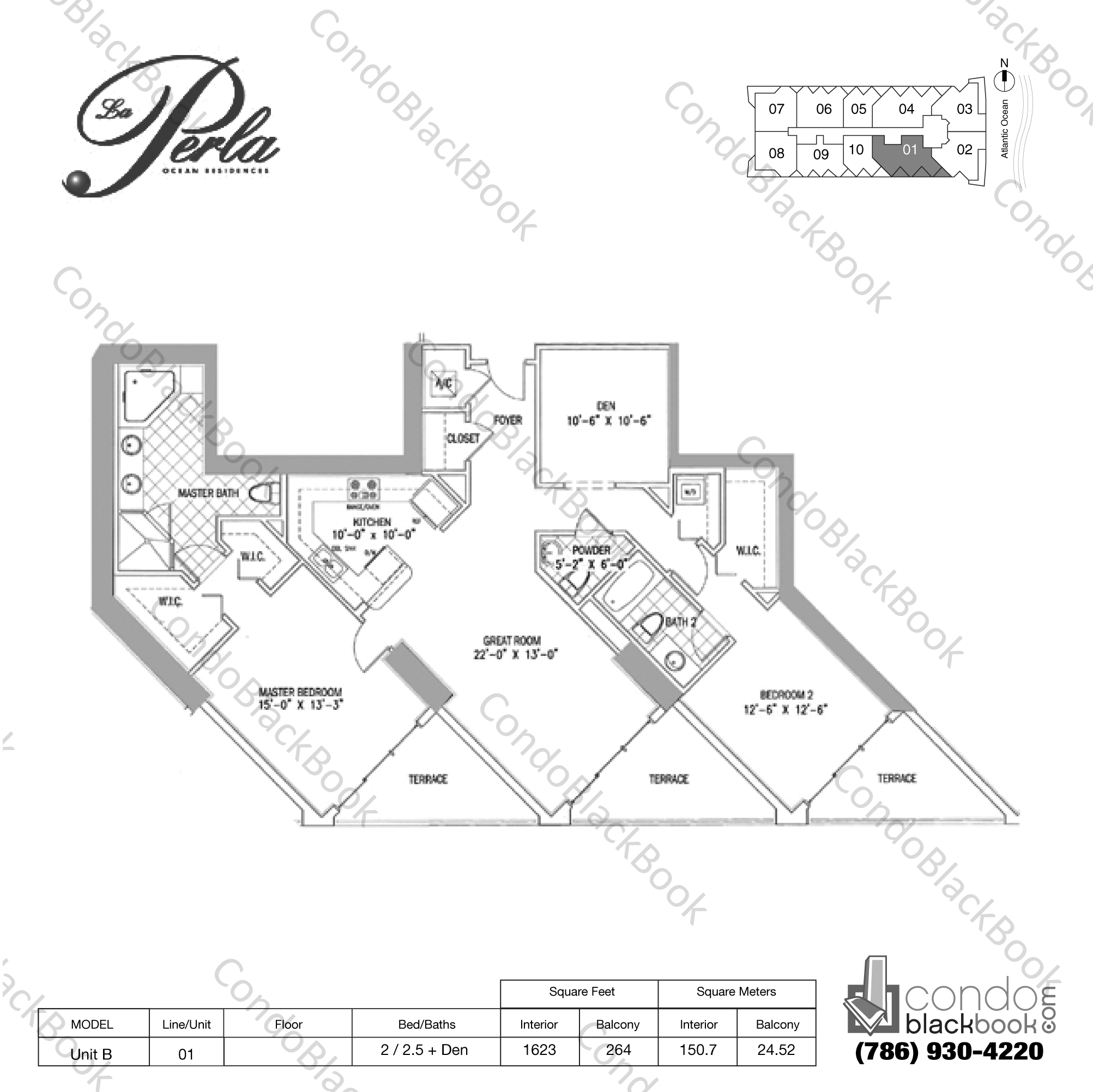 Floor plan for La Perla Sunny Isles Beach, model Unit B, line 01, 2 / 2.5 + Den bedrooms, 1623 sq ft