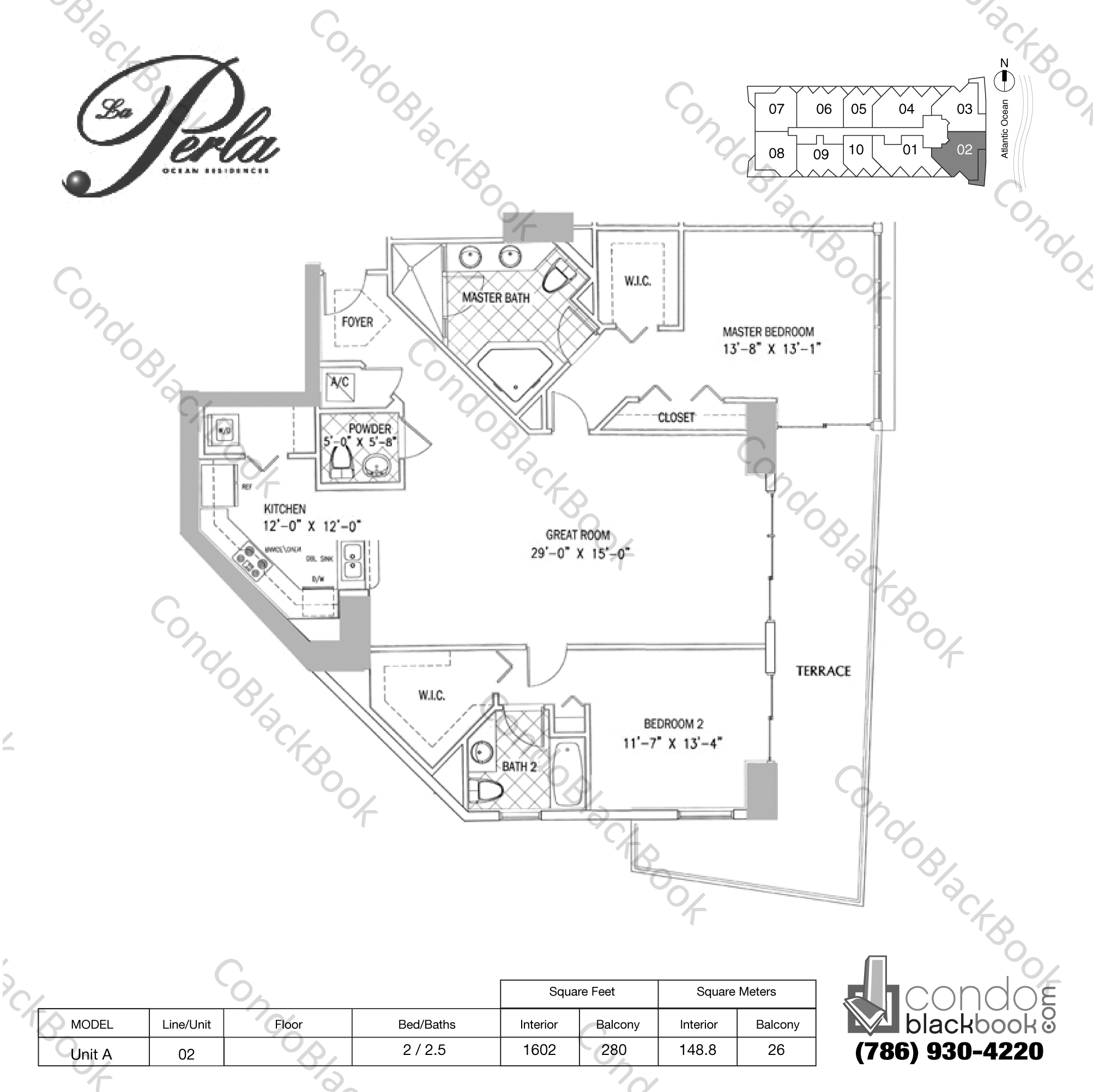Floor plan for La Perla Sunny Isles Beach, model Unit A, line 02, 2 / 2.5 bedrooms, 1602 sq ft