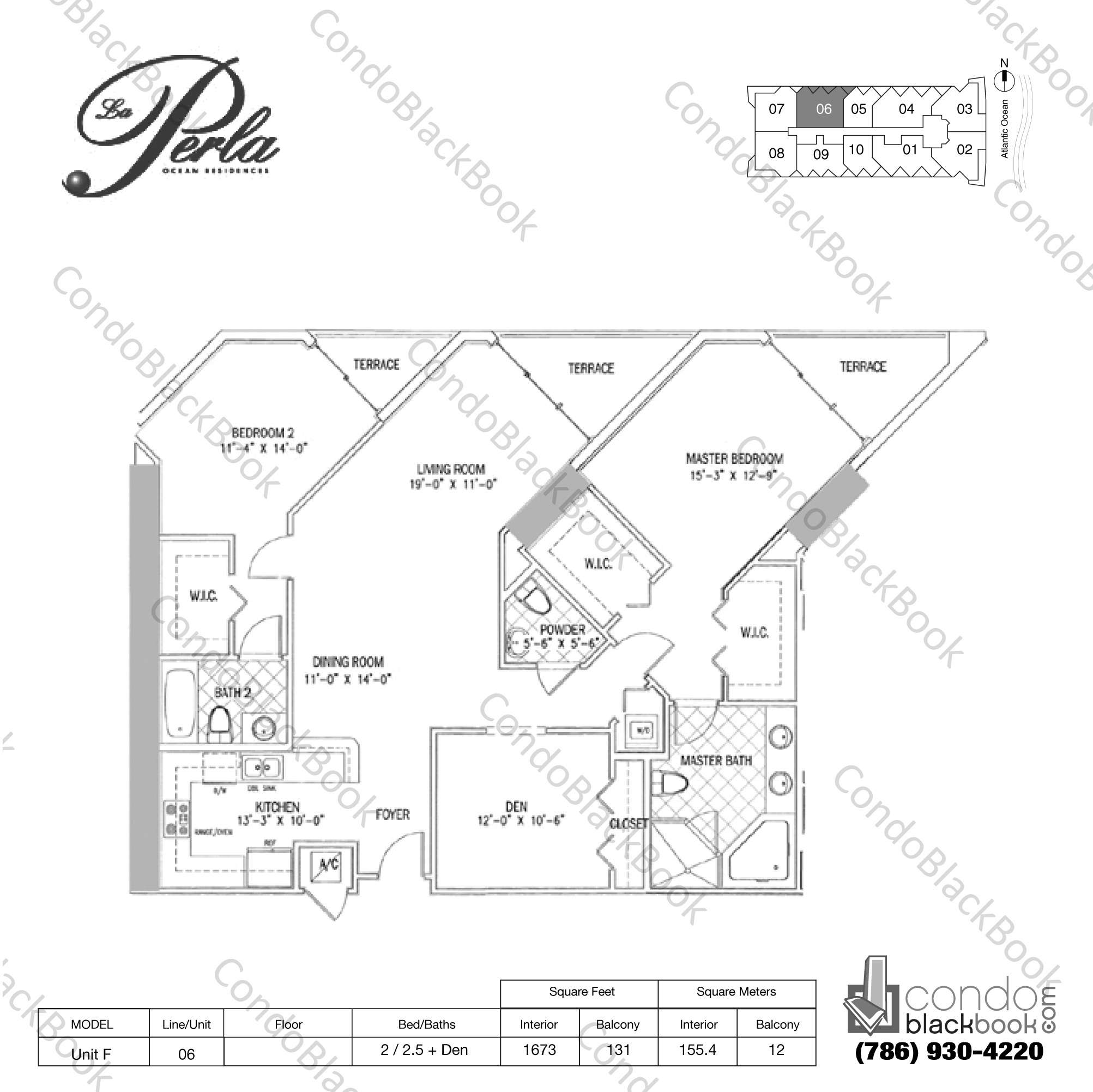Floor plan for La Perla Sunny Isles Beach, model Unit F, line 06, 2 / 2.5 + Den bedrooms, 1673 sq ft
