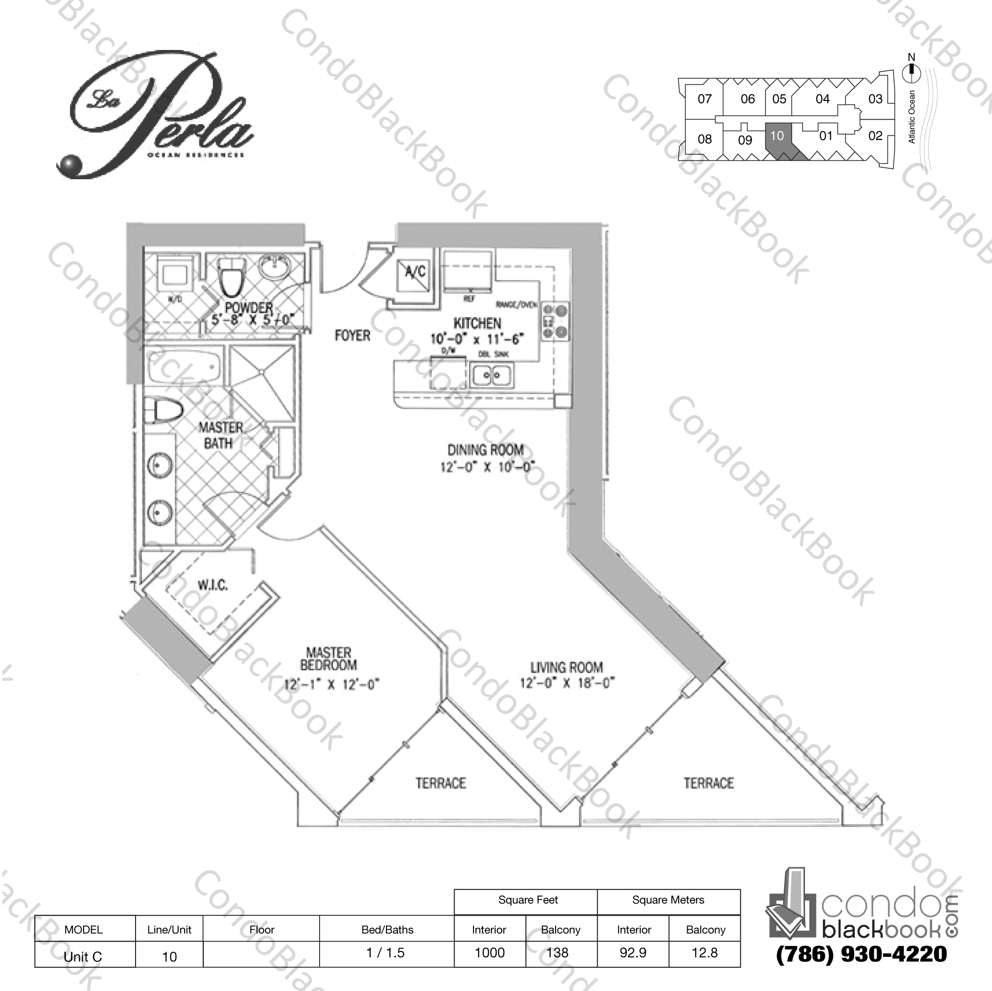 Floor plan for La Perla Sunny Isles Beach, model Unit C, line 10, 1 / 1.5 bedrooms, 1000 sq ft
