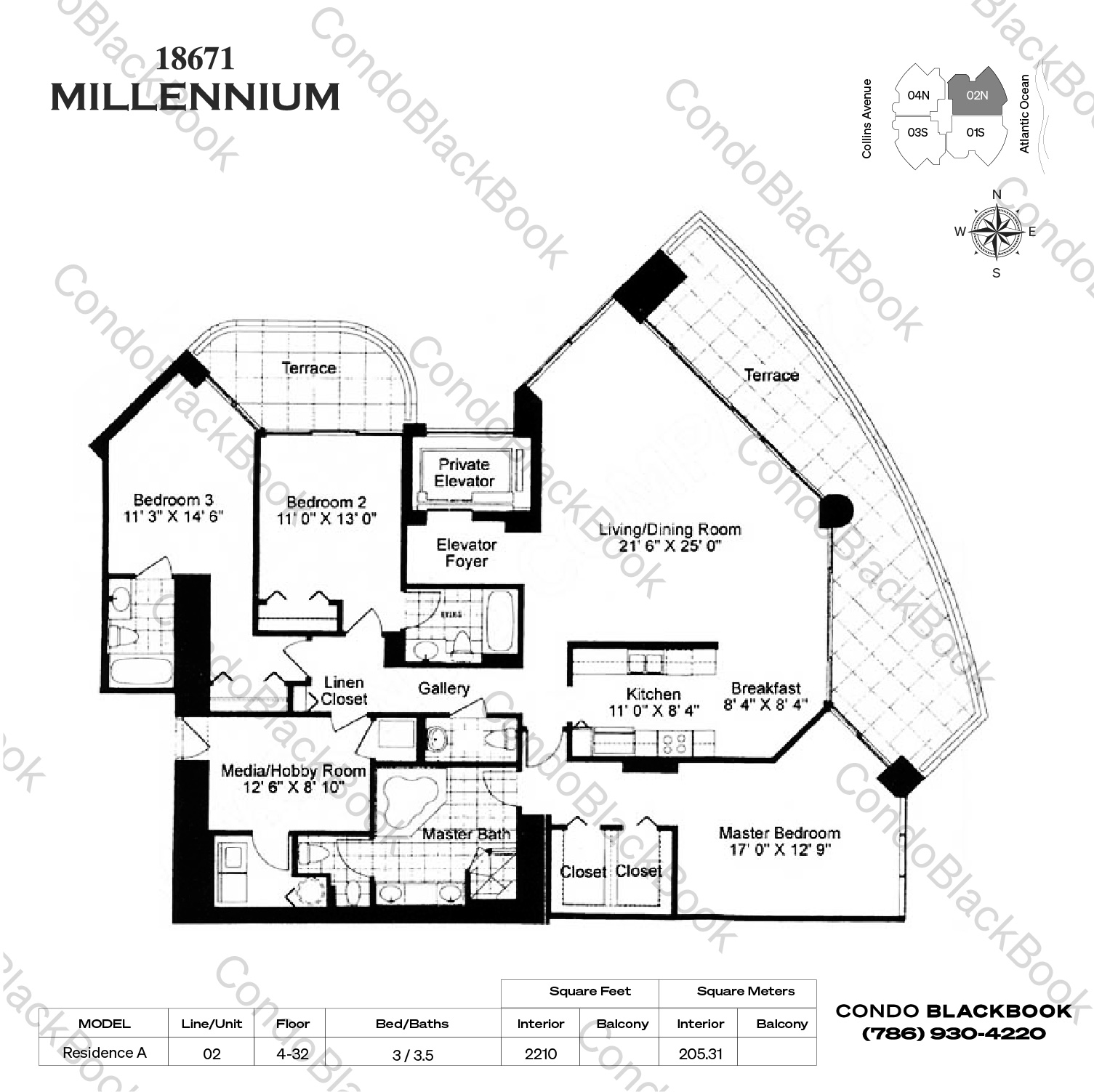 Floor plan for Millennium Sunny Isles Beach, model Residence A, line 02, 3 / 3.5 bedrooms, 2210 sq ft