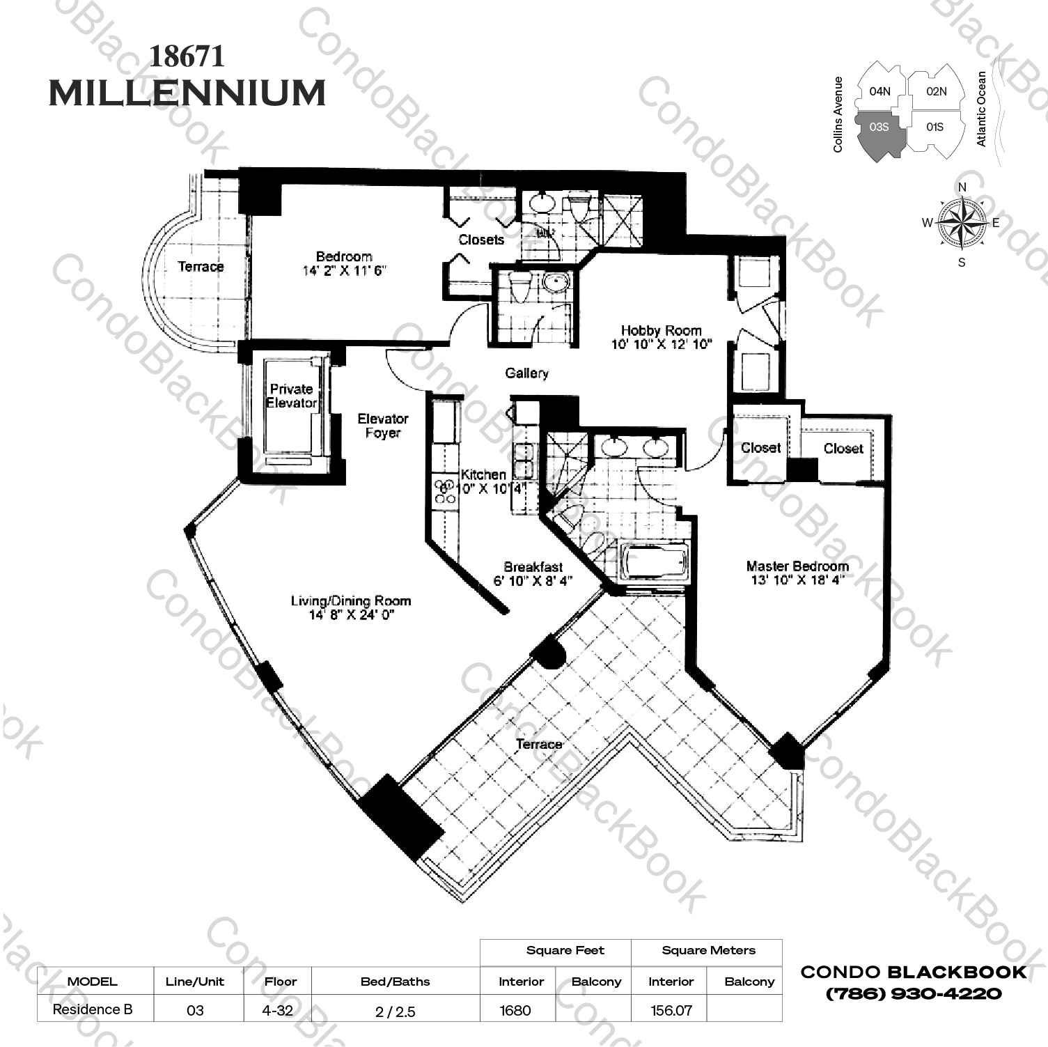 Floor plan for Millennium Sunny Isles Beach, model Residence B, line 03, 2 / 2.5 bedrooms, 1680 sq ft