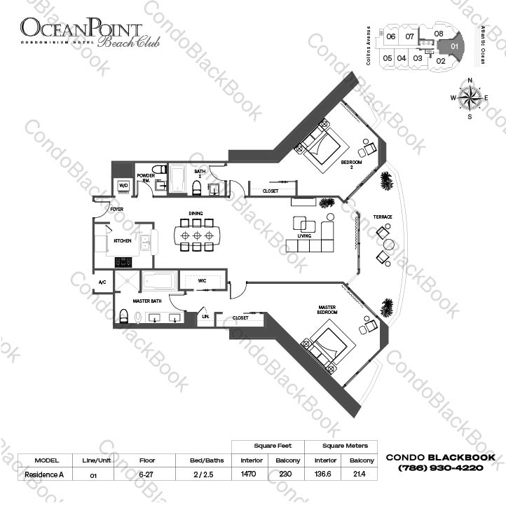 Floor plan for Ocean Point Beach Club Sunny Isles Beach, model Residence A, line 01, 2 / 2.5 bedrooms, 1470 sq ft