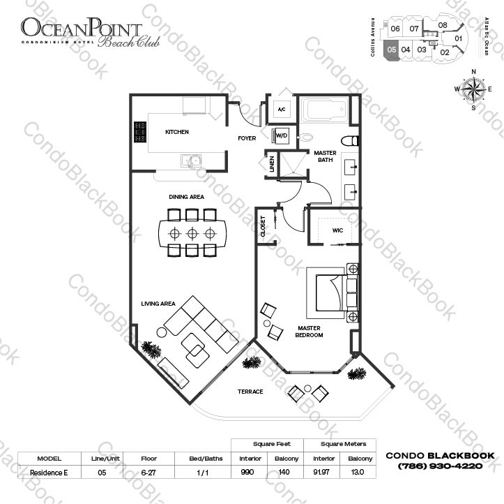 Floor plan for Ocean Point Beach Club Sunny Isles Beach, model Residence E, line 05, 1 / 1 bedrooms, 990 sq ft