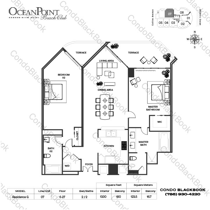 Floor plan for Ocean Point Beach Club Sunny Isles Beach, model Residence G, line 07, 2 / 2 bedrooms, 1330 sq ft