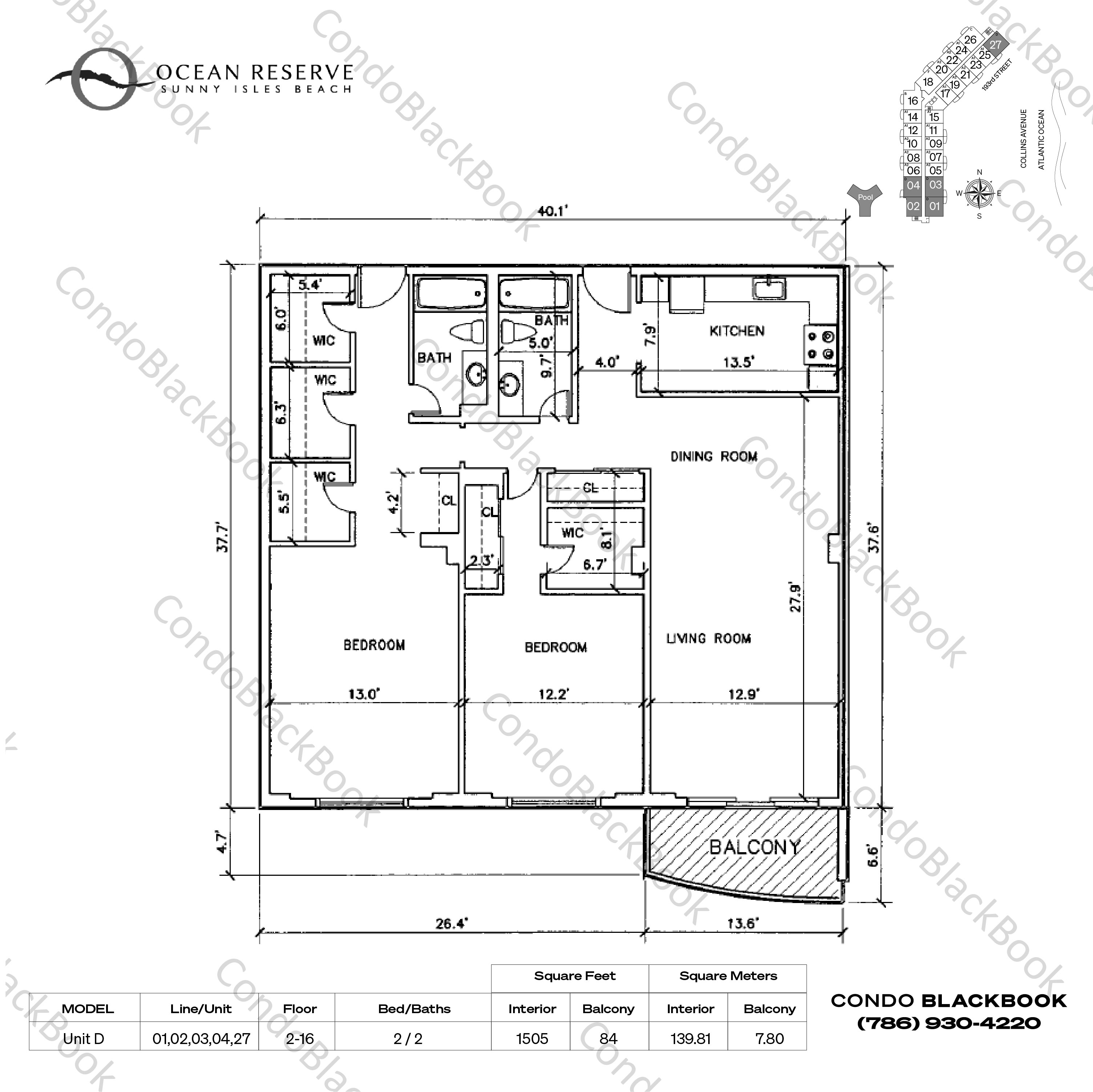 Floor plan for Ocean Reserve Sunny Isles Beach, model Unit D, line 01,02,03,04,27, 2 / 2 bedrooms, 1505 sq ft