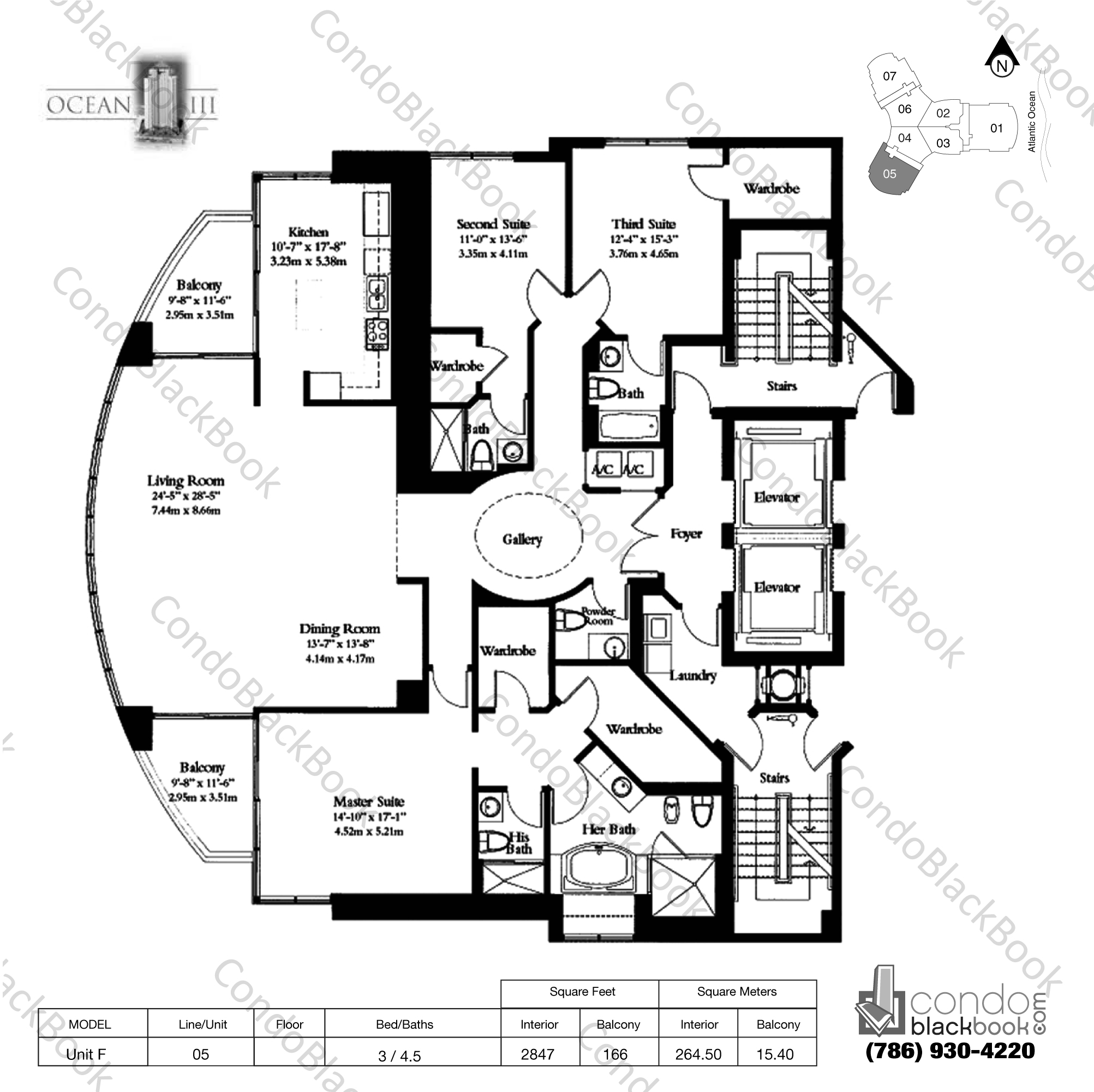 Floor plan for Ocean Three Sunny Isles Beach, model Unit F, line 05, 3 / 4.5 bedrooms, 2847 sq ft