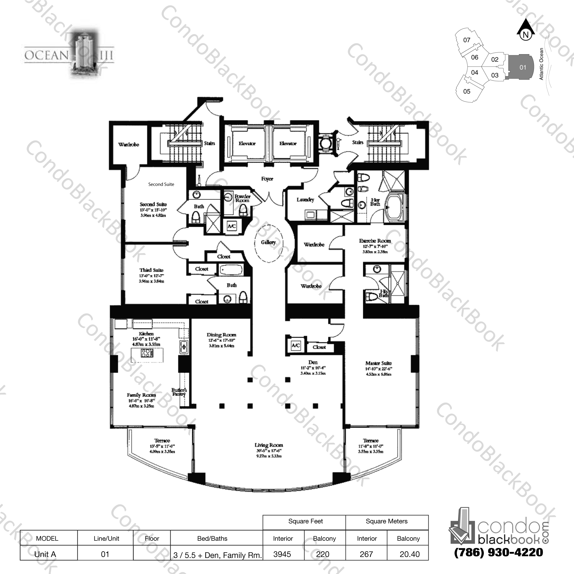 Floor plan for Ocean Three Sunny Isles Beach, model Unit A, line 01, 3 / 5.5 + Den, Family Room bedrooms, 3945 sq ft