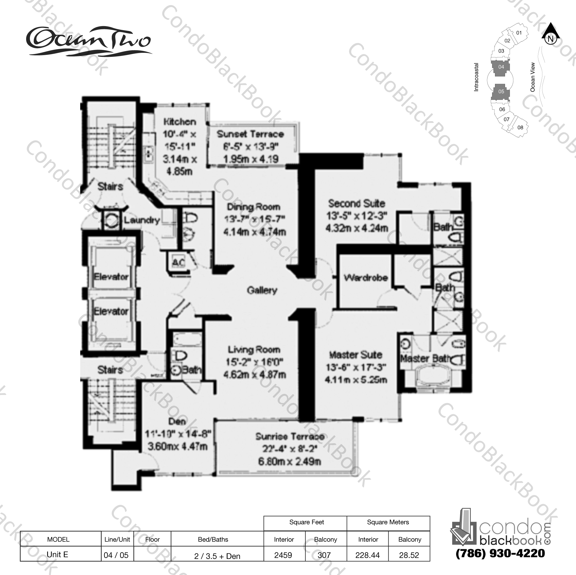 Floor plan for Ocean Two Sunny Isles Beach, model Unit E, line 04 , 05, 2 / 3.5 + Den bedrooms, 2459 sq ft