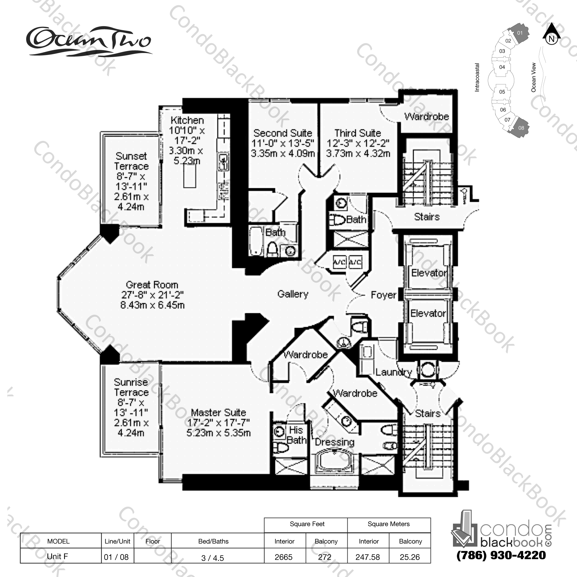 Floor plan for Ocean Two Sunny Isles Beach, model Unit F, line 01 , 08, 3 / 4.5 bedrooms, 2665 sq ft
