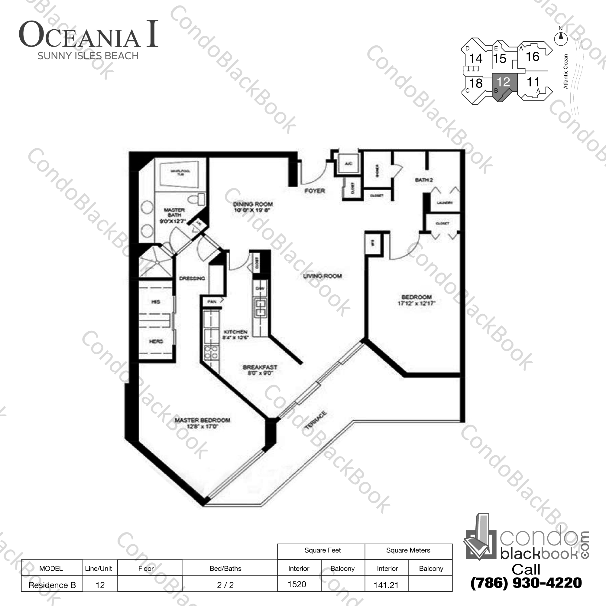 Floor plan for Oceania I Sunny Isles Beach, model Residence B, line 12, 2 / 2 bedrooms, 1520 sq ft