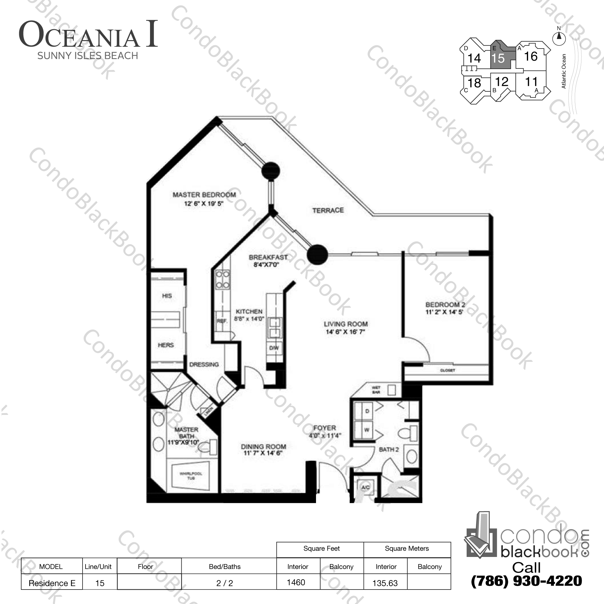 Floor plan for Oceania I Sunny Isles Beach, model Residence E, line 15, 2 / 2 bedrooms, 1460 sq ft