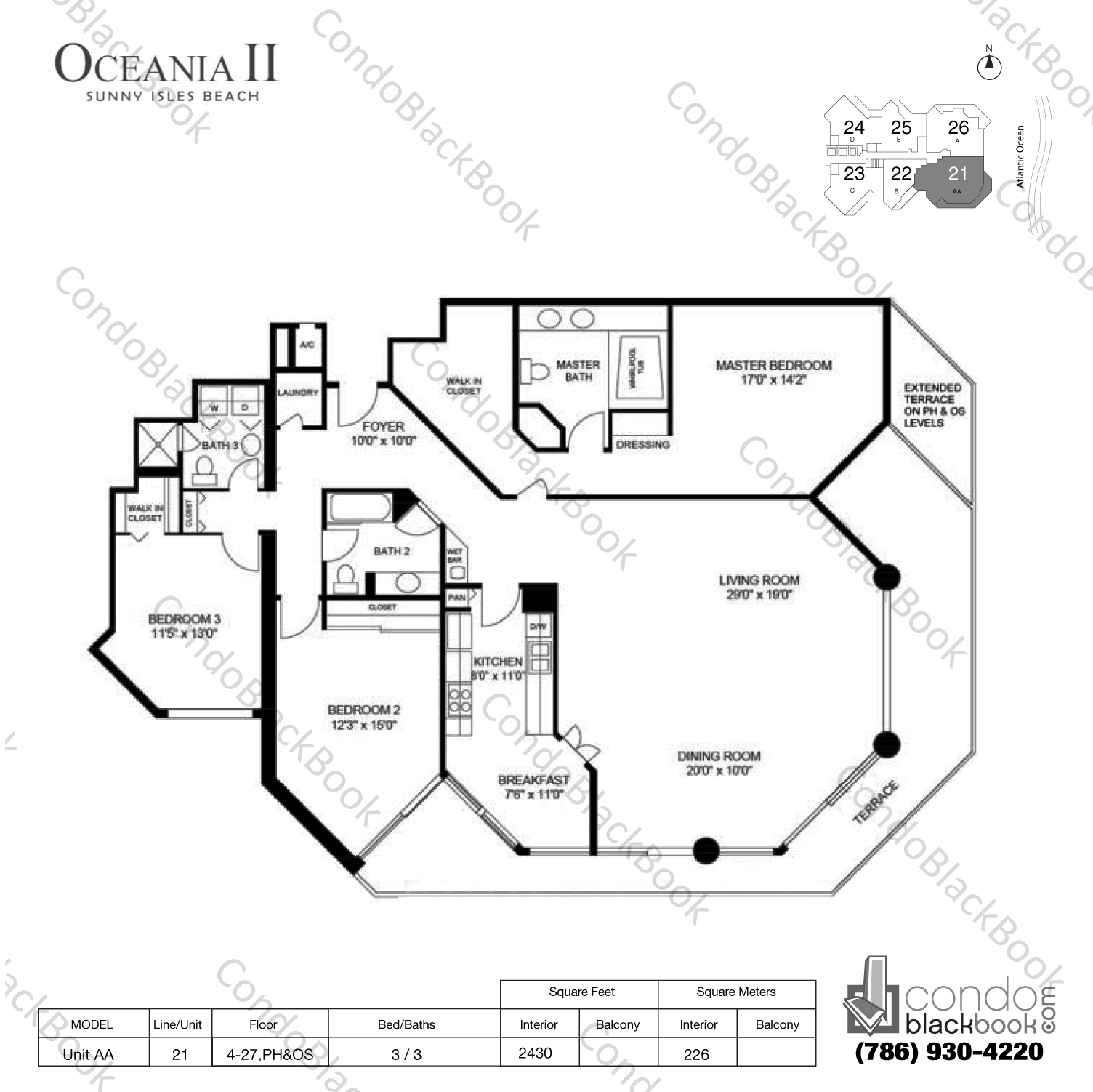 Floor plan for Oceania II Sunny Isles Beach, model Unit AA, line 21, 3 / 3 bedrooms, 2430 sq ft